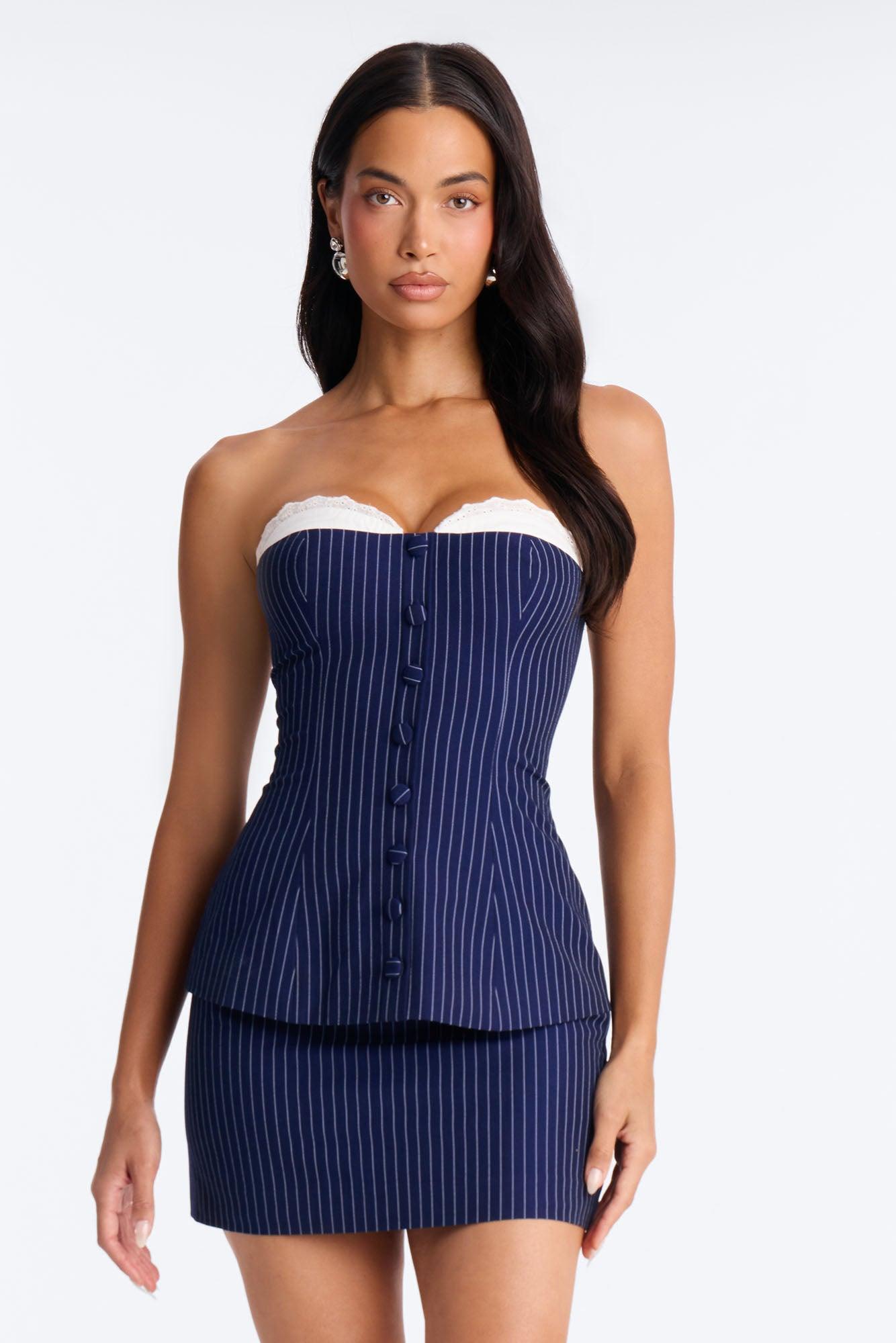 Victoria Pinstripe Micro Mini Skirt Set - Navy/combo Female Product Image