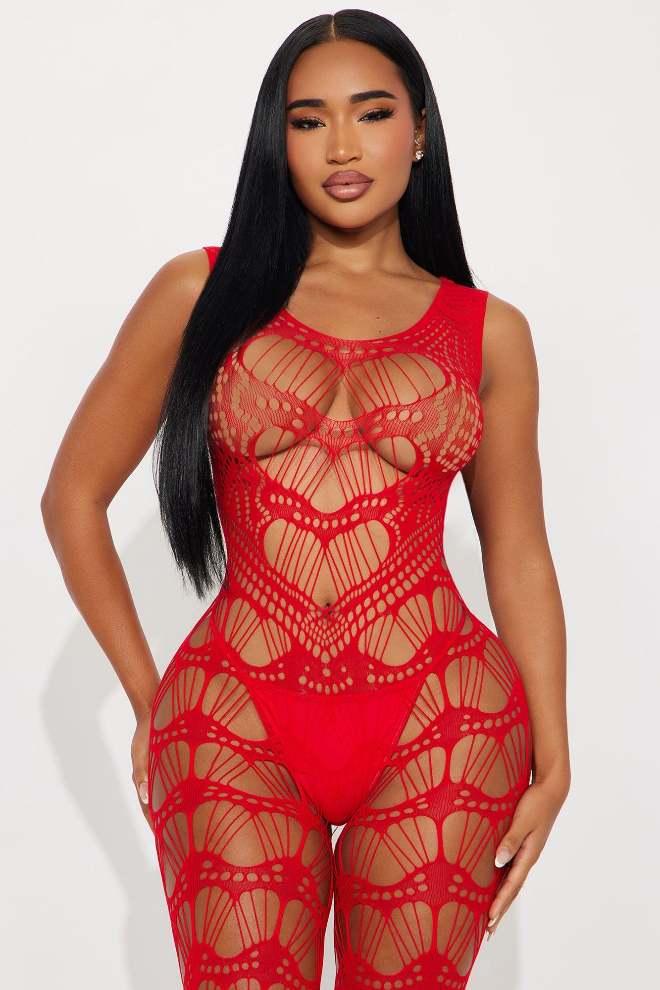 Breaking Your Heart Crotchless Jumpsuit Bodystocking - Red Female Product Image