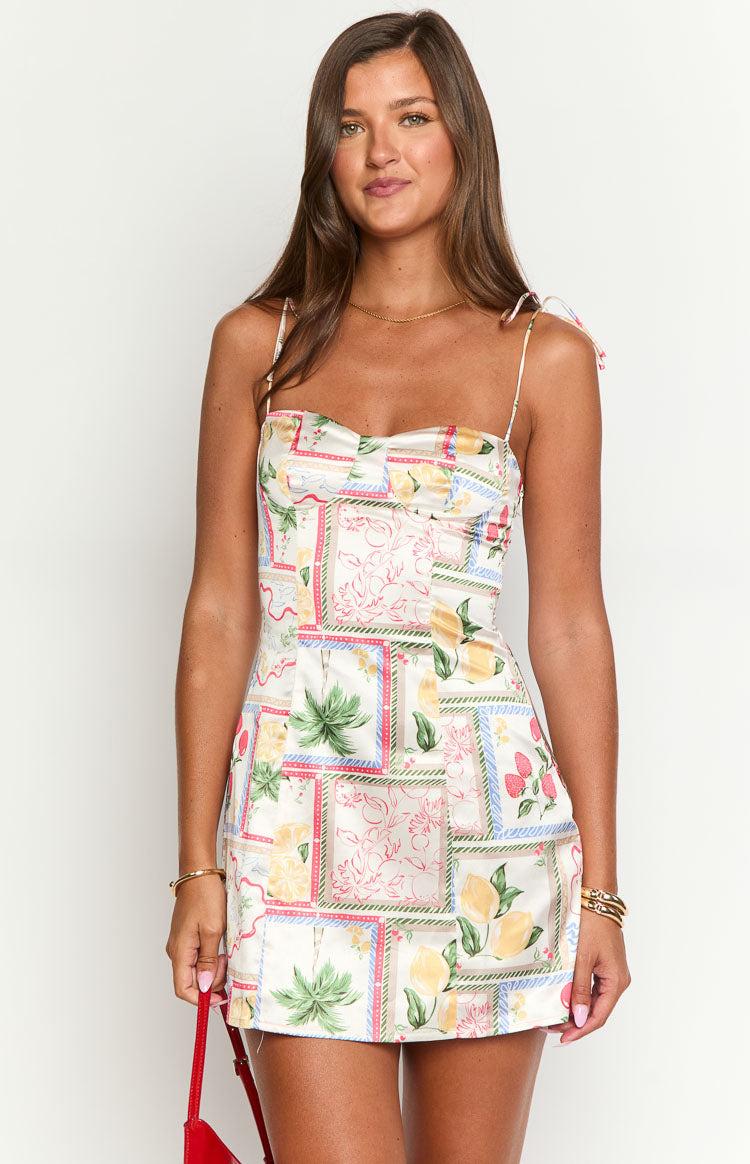 Penny Lane White Satin Roma Print Mini Dress Product Image