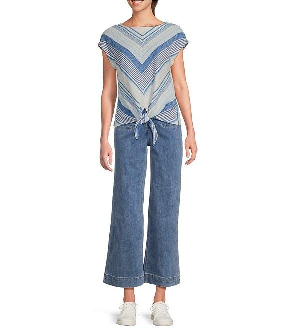Charlie B. Linen Blend Stripe Print Boat Neck Cap Sleeve Tie-Front Blouse Product Image