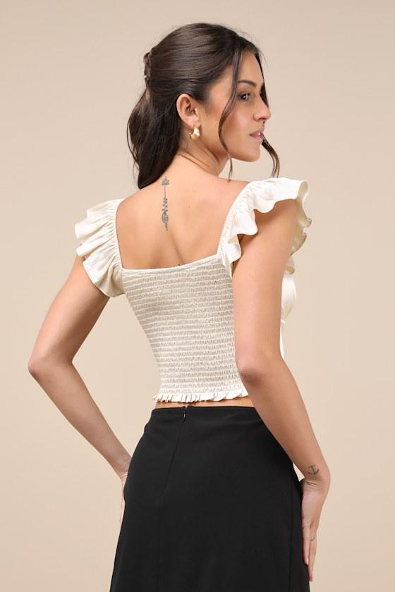Radiating Elegance Champagne Crinkle Satin Flutter Sleeve Top Product Image