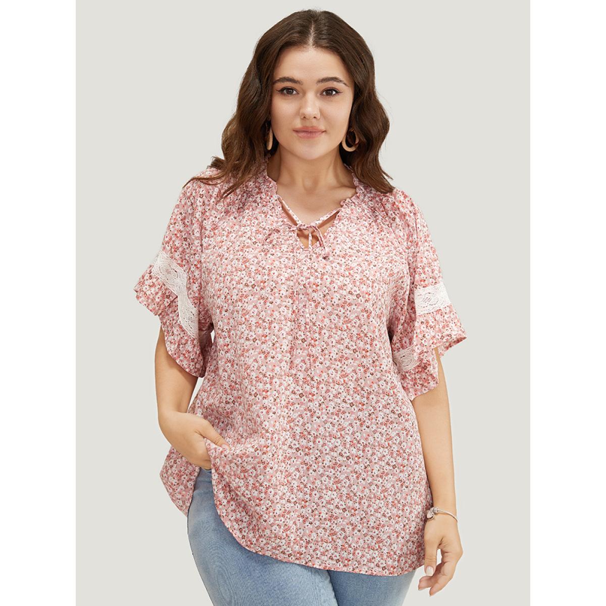 Plus Size Crepe Ditsy Floral Frill Trim Lace Ruffle Sleeve Tie Neck Blouse Women Elegant Short sleeve Tie Neck Dailywear Blouses BloomChic 18-20/2X Product Image