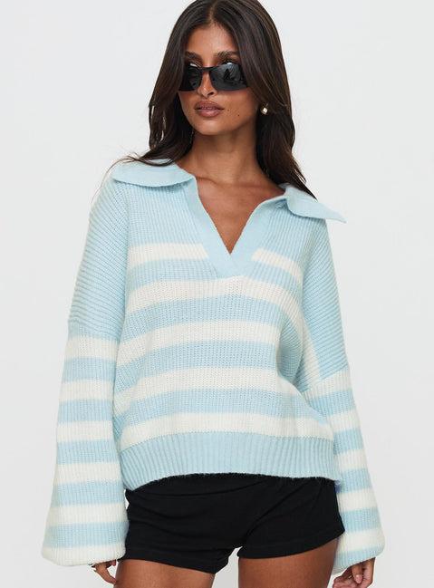 Carolena Long Sleeve Collared Knit Sweater Blue / White Stripe Product Image