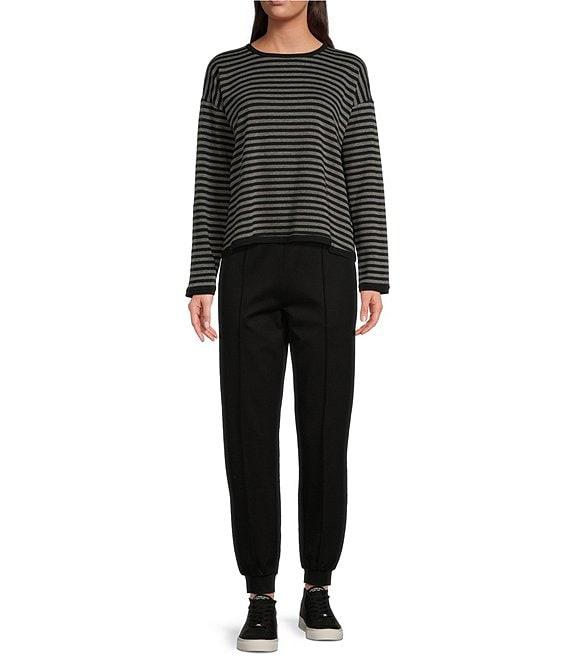 Eileen Fisher Striped Cozy Brushed Terry Round Neck Long Sleeve Boxy Crop Top Product Image