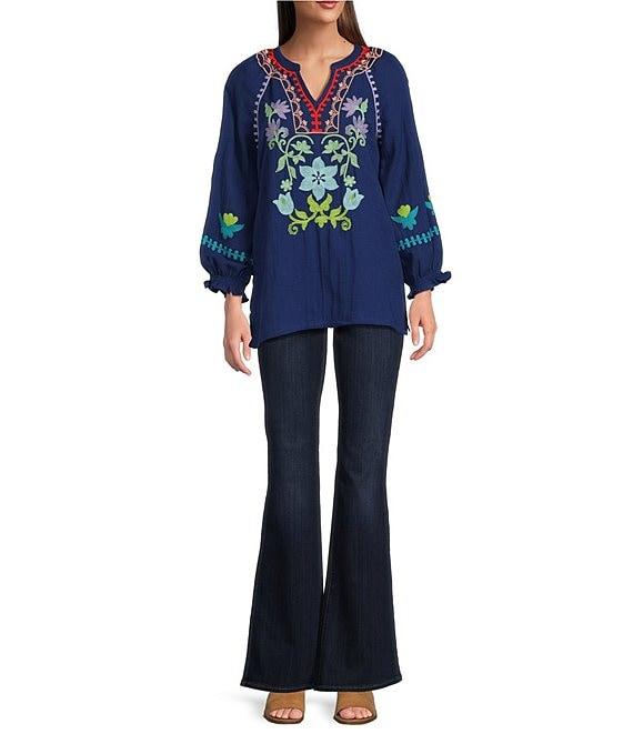 Tru Luxe Jeans Multi-Color Embroidered Gauze Split V-Neck 3/4 Smocked Sleeve Top Product Image