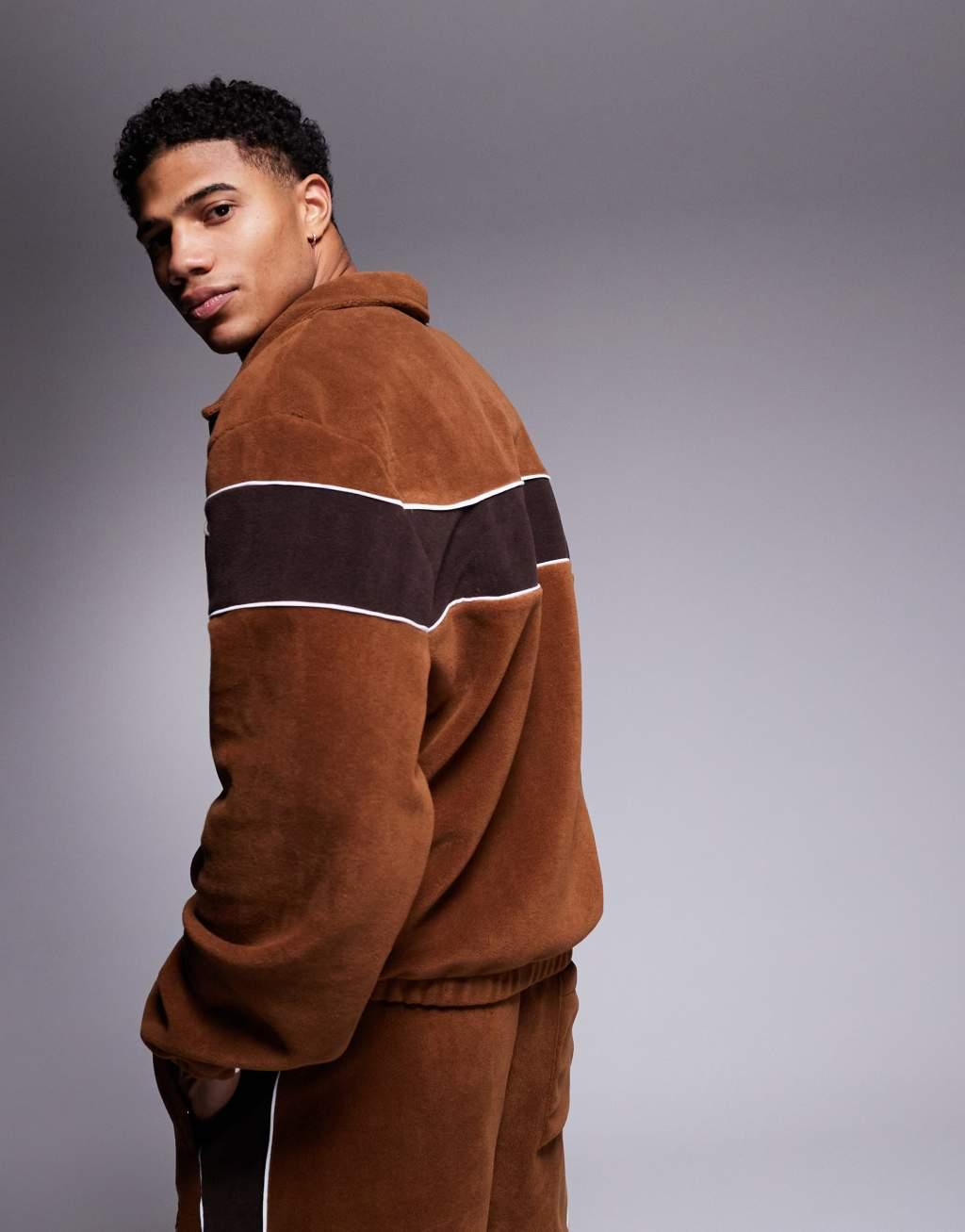 ASOS DESIGN oversized boxy track jacket with panels in brown fleece - part of a set  Product Image
