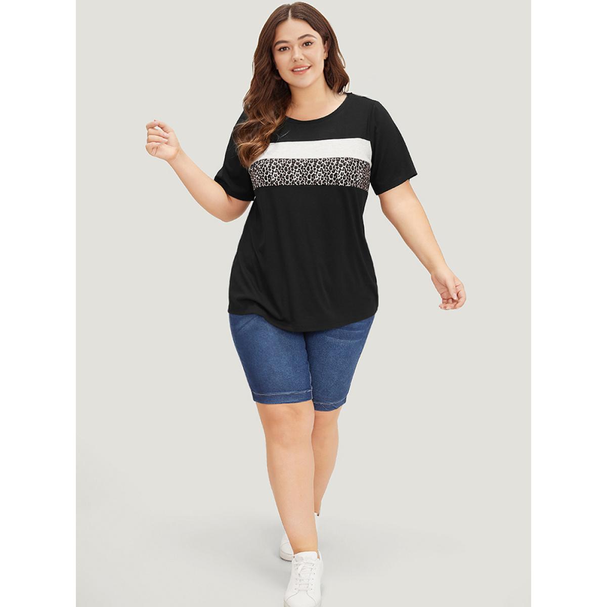 Plus Size Supersoft Essentials Leopard Colorblock Contrast Round Neck T-shirt Multicolor Women Casual Leopard Round Neck Dailywear T-shirts BloomChic 22-24/3X Product Image
