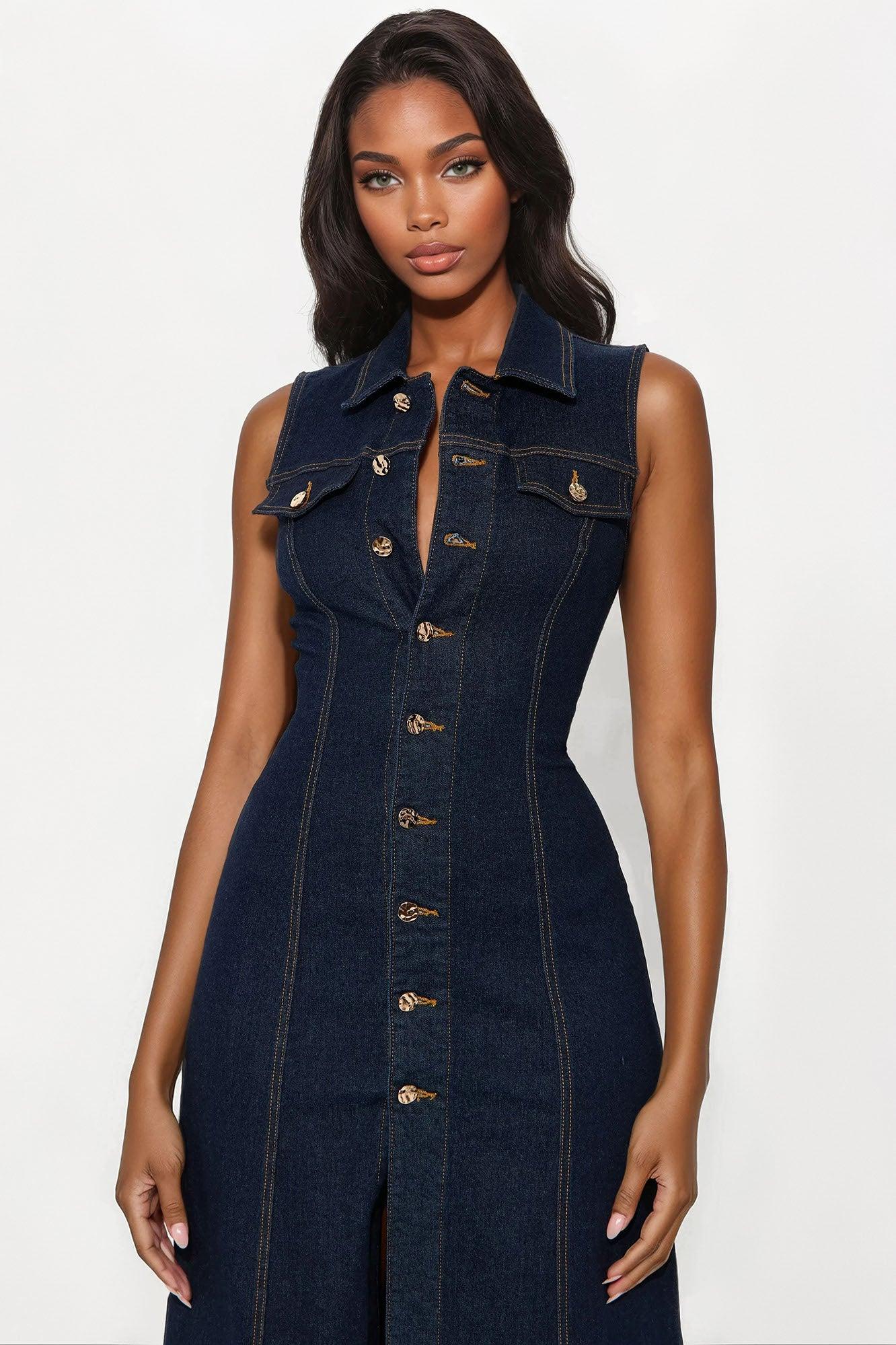 Deandra Denim Stretch Maxi Dress - Dark Denim Female Product Image