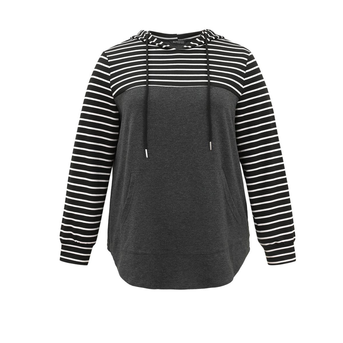 Plus Size Striped Patchwork Hooded Pocket Drawstring Sweatshirt Women DimGray Casual Contrast Hooded Everyday Sweatshirts BloomChic 14-16/1X Product Image