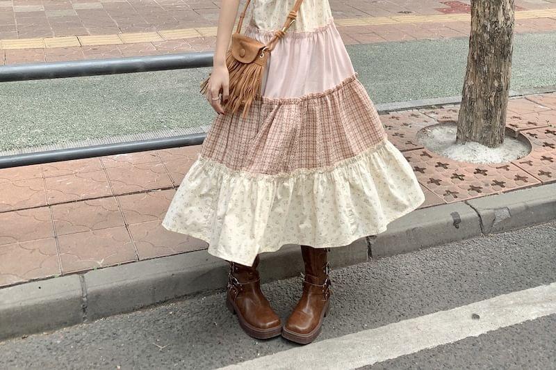 Spaghetti Strap Plaid Panel Tiered Midi A-Line Dress / Crochet Cardigan Product Image