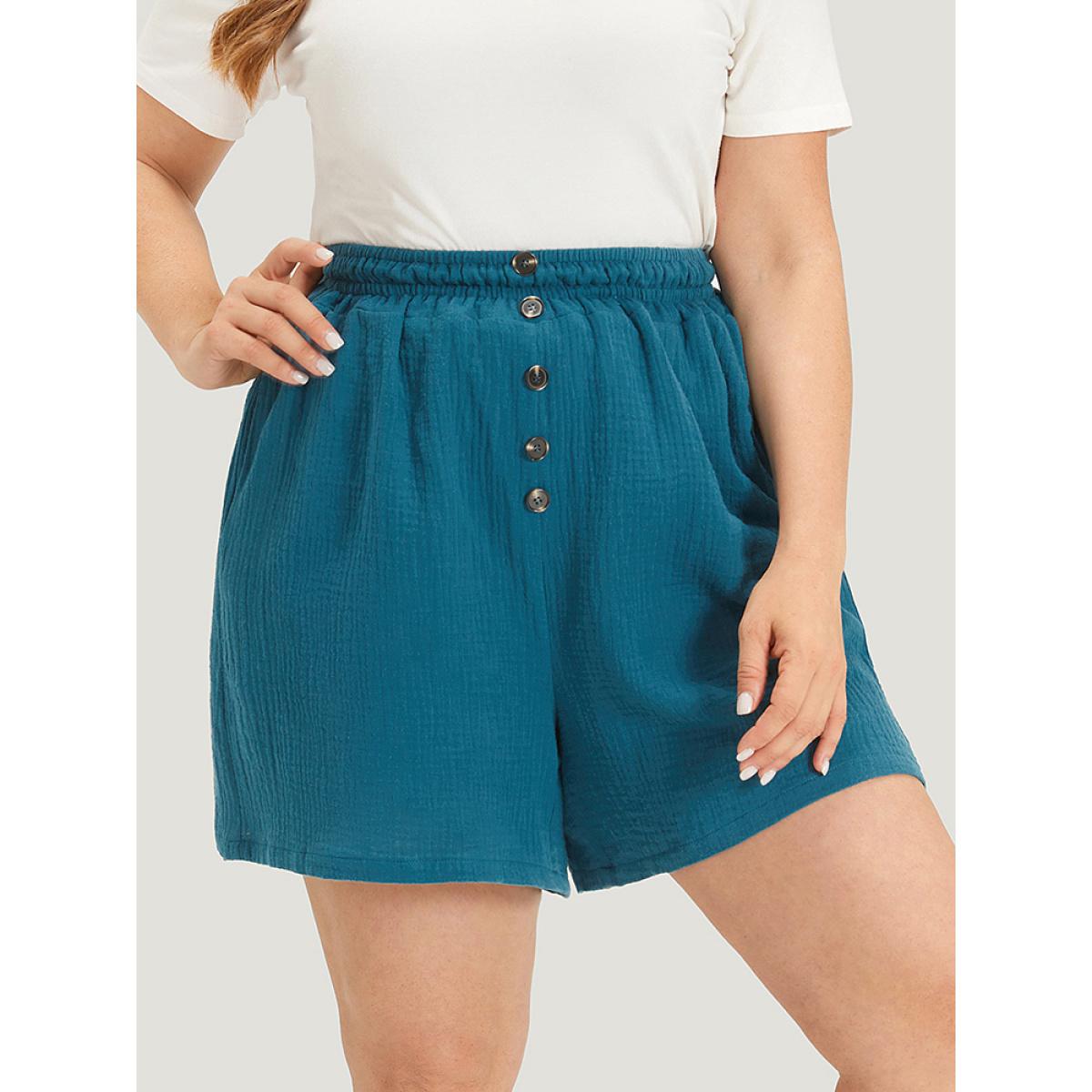 Plus Size Plain Shirred Pocket Button Detail Shorts Women Cyan Casual Texture Dailywear Shorts BloomChic 10/M Product Image