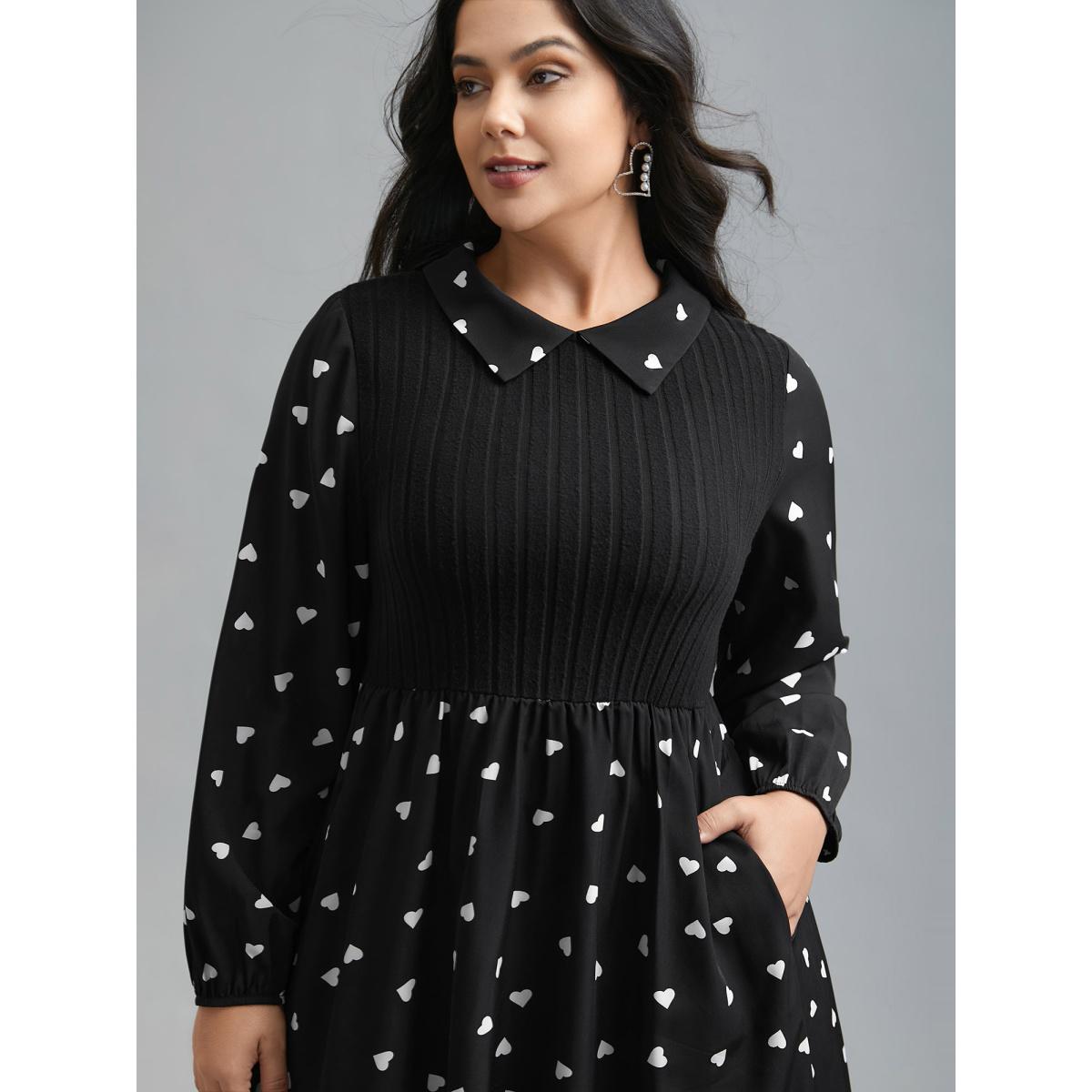 Plus Size Peter Pan Collar Heart Print Patchwork Dress Black Women Resort Texture Knit Dresses Bloomchic 18-20/2X Product Image