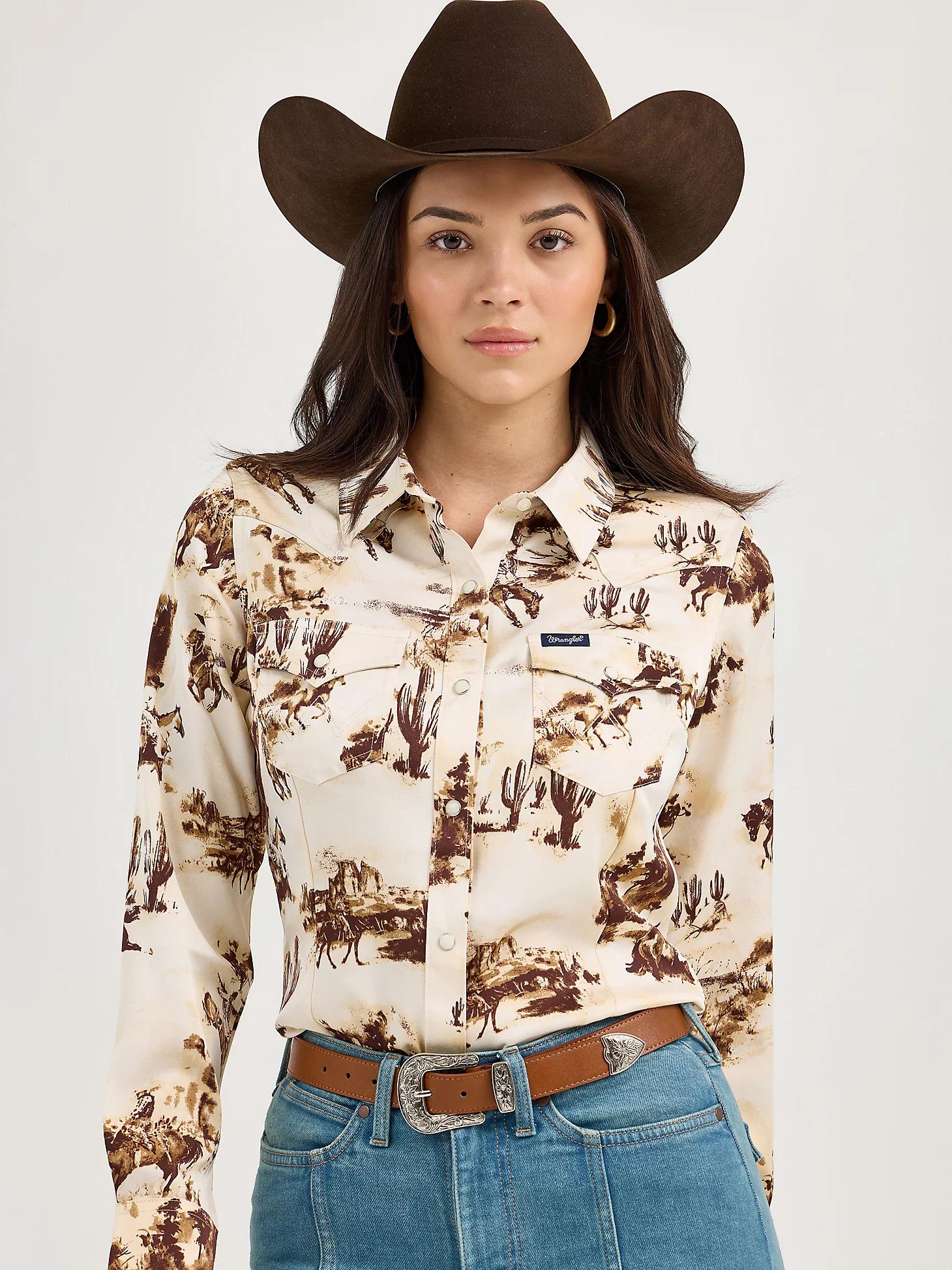Women's Wrangler Bold Bucking Cowboy Western Snap Shirt in Cacti/Cream Product Image