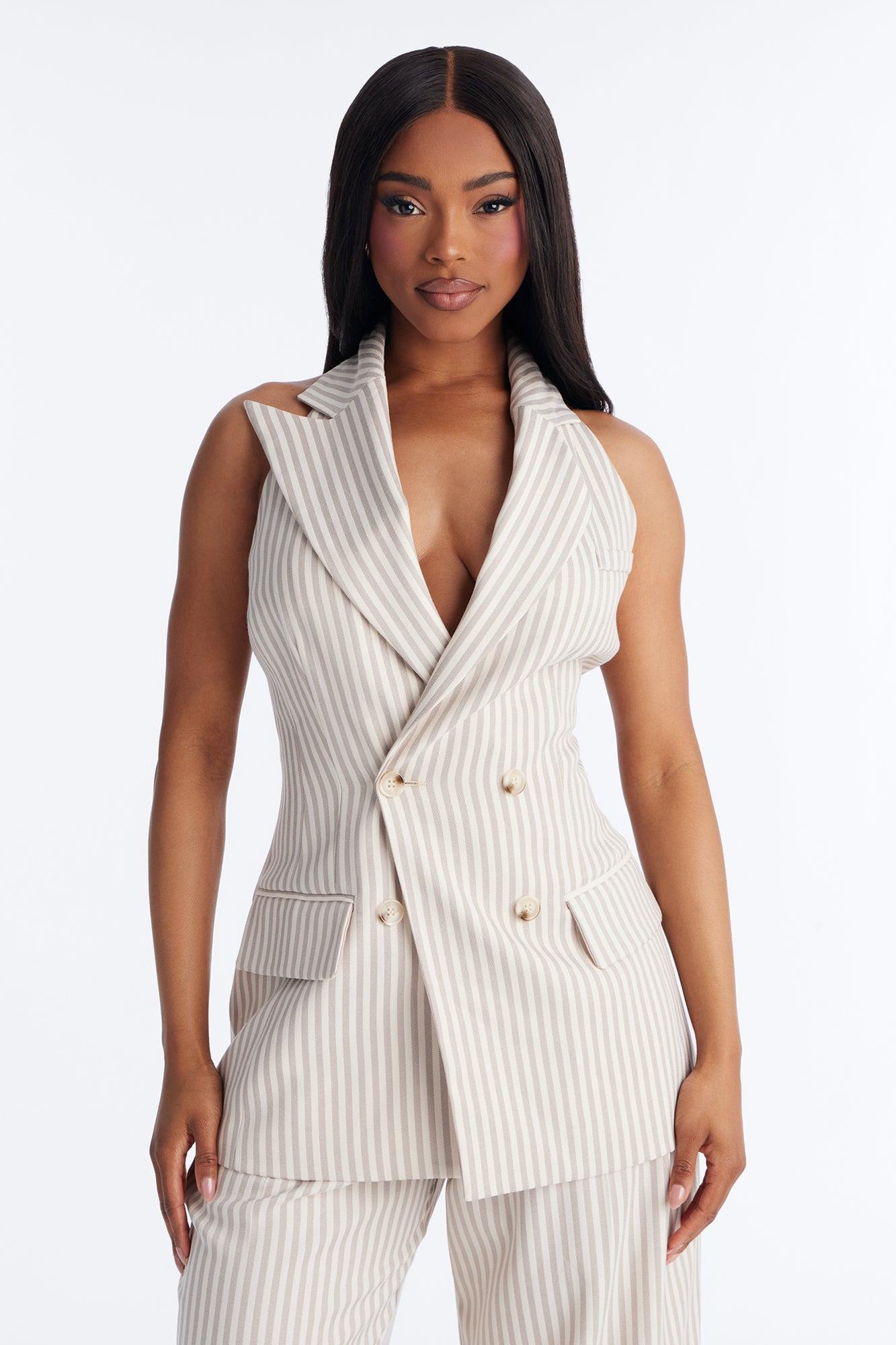 Prestige Vest Pinstripe Pant Set - Beige Female Product Image