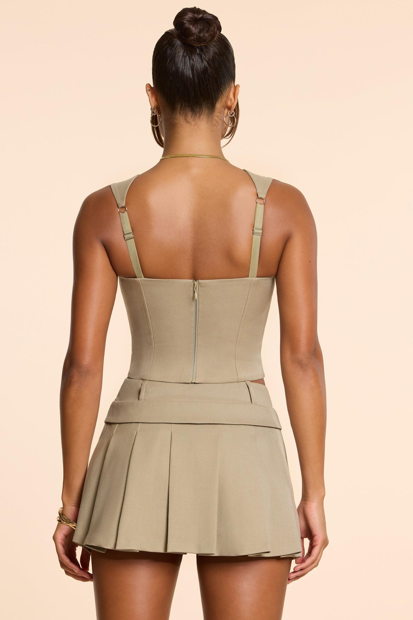 Brushed Twill Mid Rise Pleated Micro Mini Skirt in Taupe Product Image