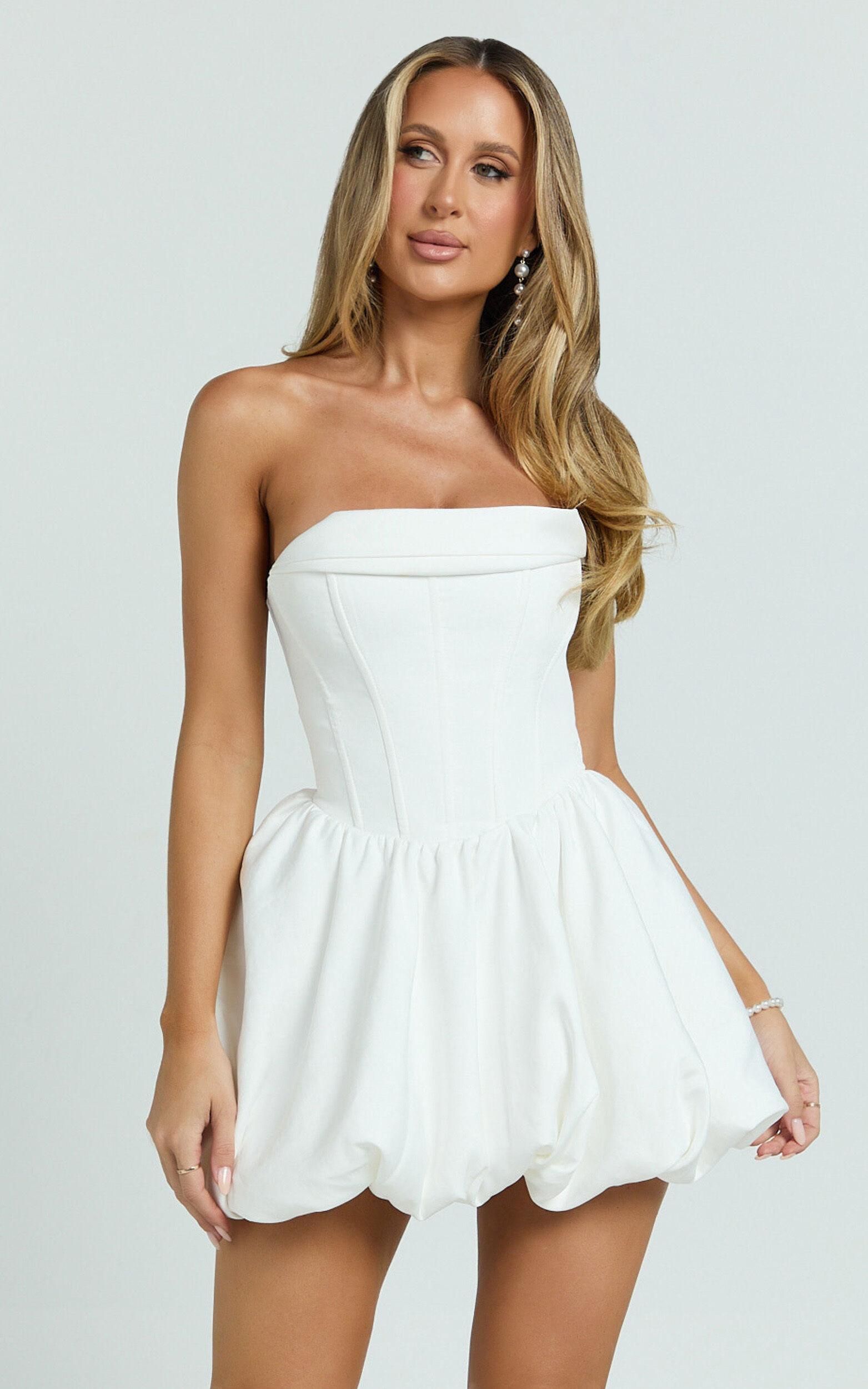 Jeannie Mini Dress - Corset Panel Bubble Hem Dress in Off White Product Image