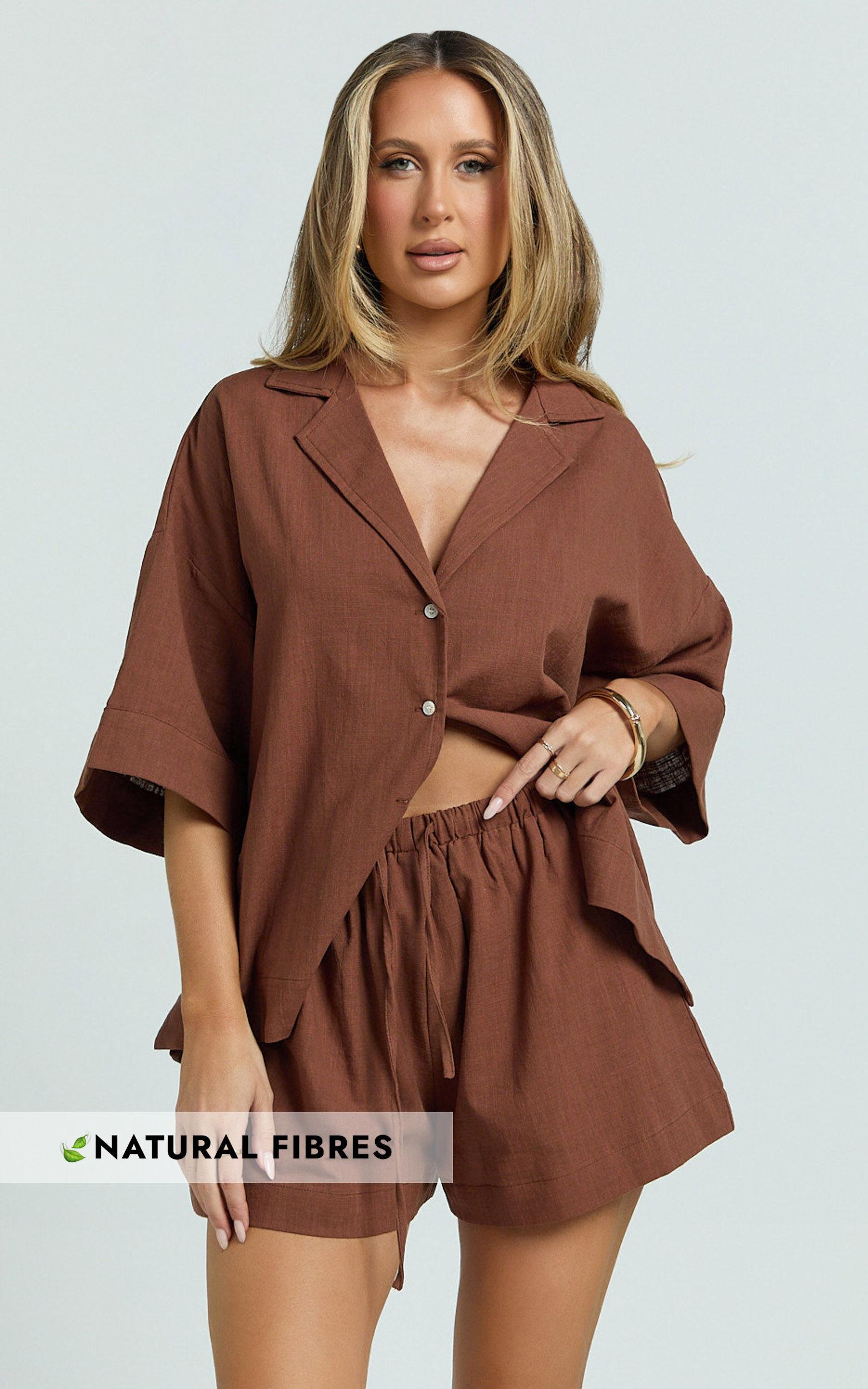 Saina Two Piece Set - Button Through Shirt and Drawstring Shorts Set in Chocolate Product Image