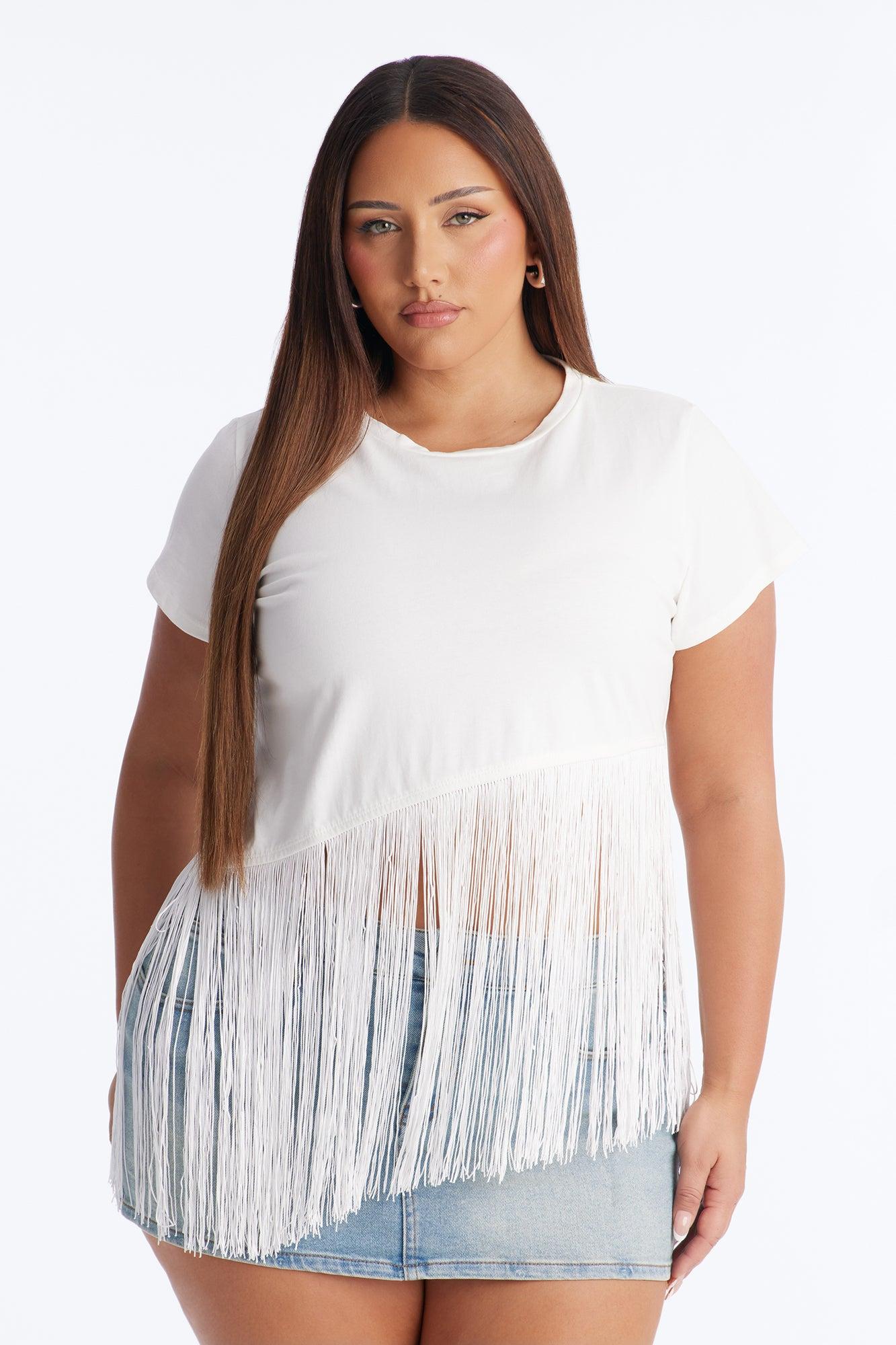 Fringe Me Up Asymmetrical Short Sleeve Top - White Female Product Image