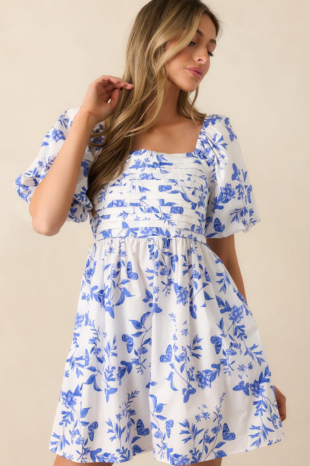 Meadow Stroll Cotton Blue Puff Sleeve Mini Dress Product Image