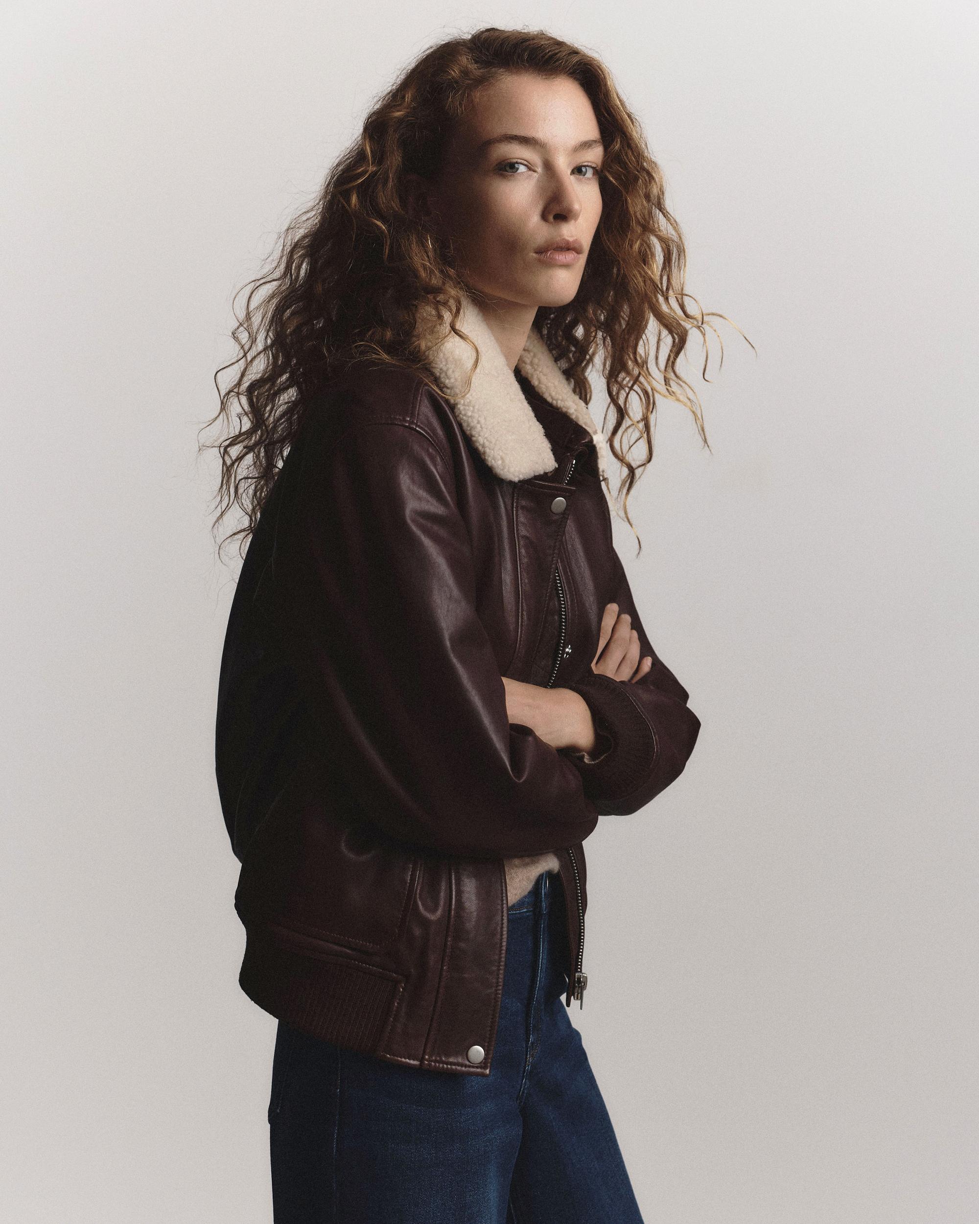 Quince | Women's Shearling Trim Aviator Jacket Leather Product Image