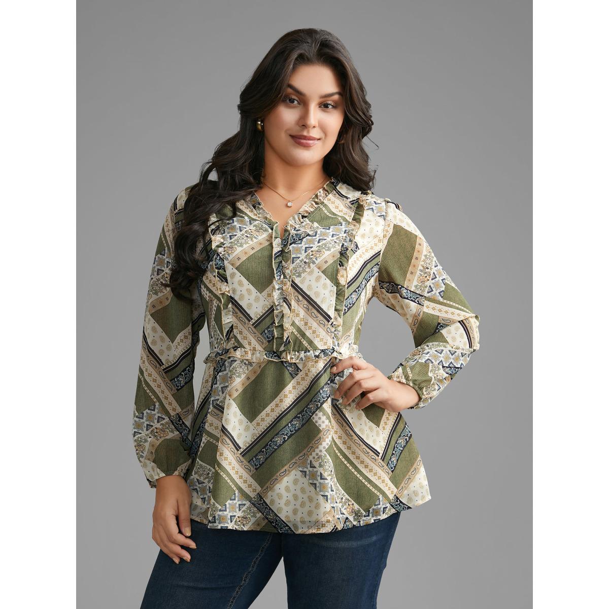 Plus Size Beige Bandana Print V Neck Ruffle Trim Blouse Women Elegant Long Sleeve V-neck Everyday Blouses BloomChic 22-24/3X Product Image