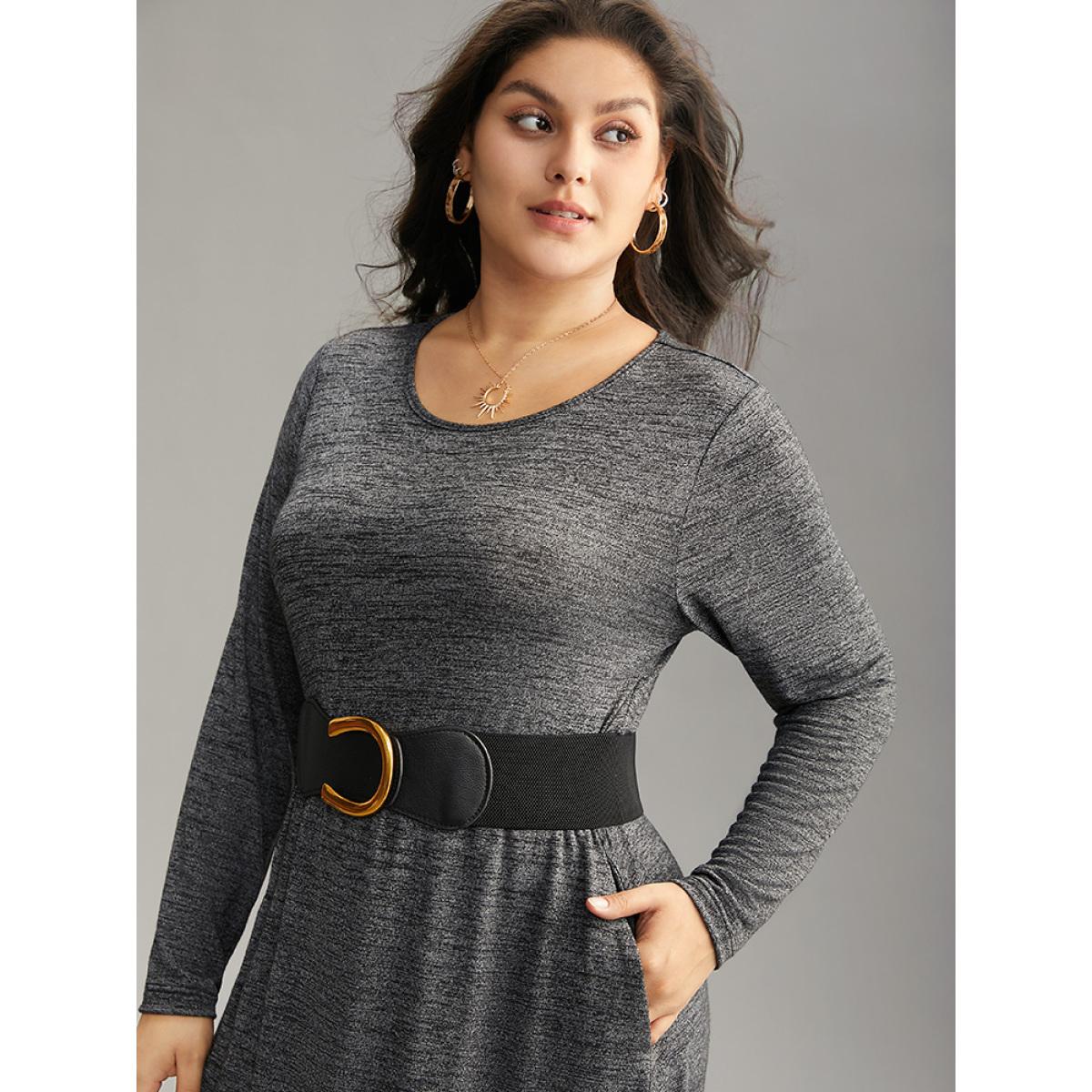Plus Size Plain Heather Metal Buckle Detail Dress With Belt DimGray Women Casual Plain Round Neck Long Sleeve Curvy Midi Dress BloomChic 28/5X Product Image