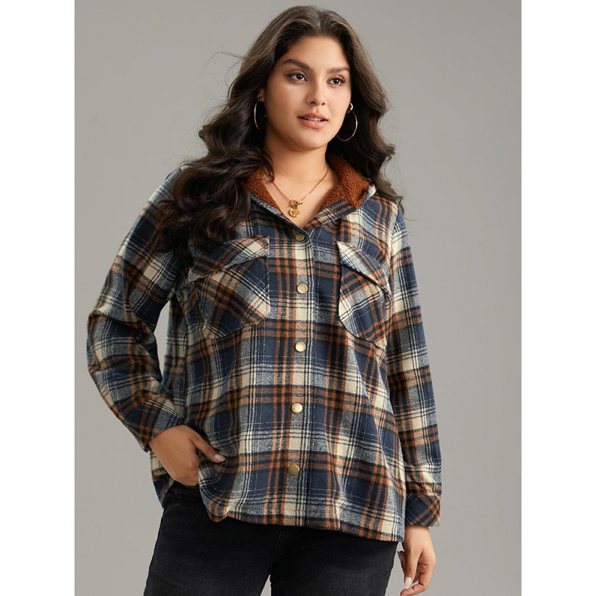 Plus Size Plaid Patchwork Pocket Button Through Hooded Coat Women Multicolor Casual Contrast Ladies Dailywear Winter Coats BloomChic 22-24/3X Product Image