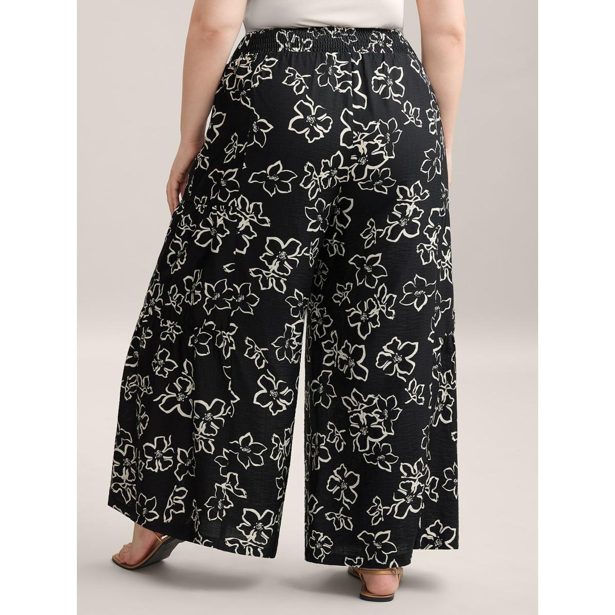 Plus Size Floral Shirred Waist Wide-Leg Pants Women BlackFlower Resort Wide Leg Mid Rise Vacation Pants BloomChic 18-20/2X Product Image