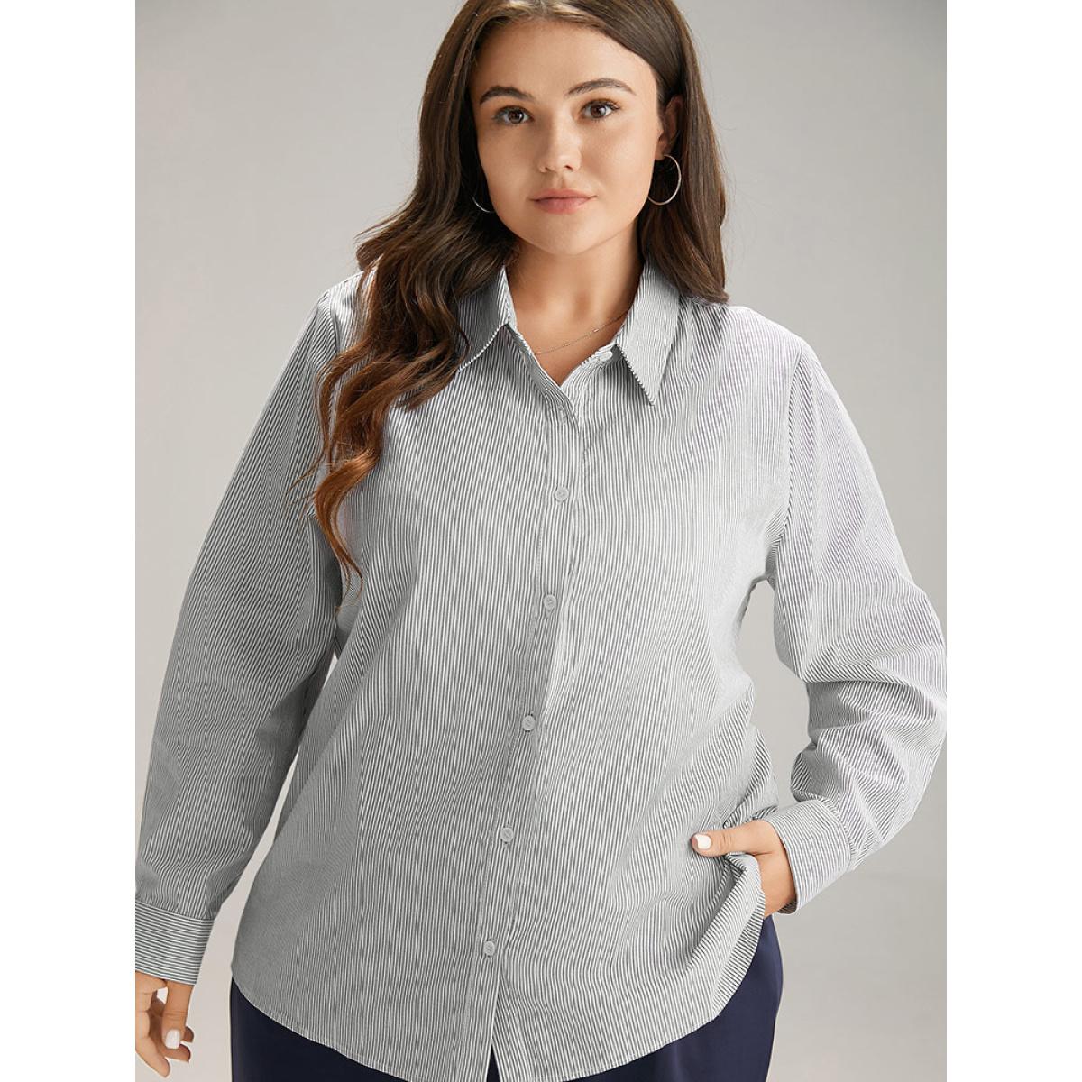 Plus Size White Cotton Striped Shirt Collar Blouse Women Workwear Essentials Long Sleeve Shirt collar Work Blouses BloomChic 18-20/2X Product Image