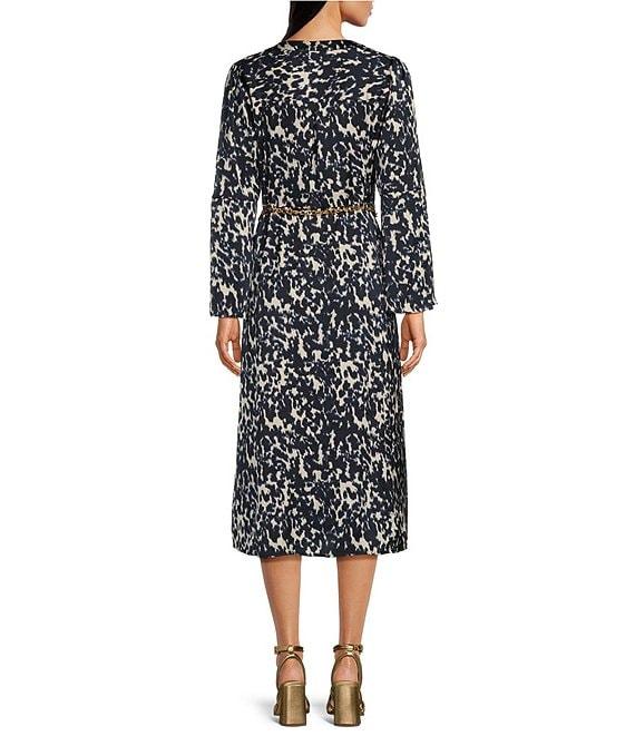 MICHAEL Michael Kors Crinkled Satin Bell Sleeve Tie Neck Chain Belted Midi Dress Product Image