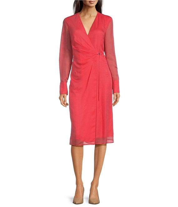 BOSS by Hugo Boss Dosala V-Neck Long Sheer Sleeve Wrap Midi Dress Product Image
