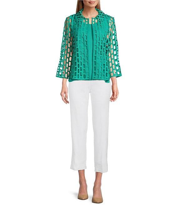 Ming Wang Novelty Woven Square Geo Cutout Spread Collar 3/4 Sleeve Jacket Product Image