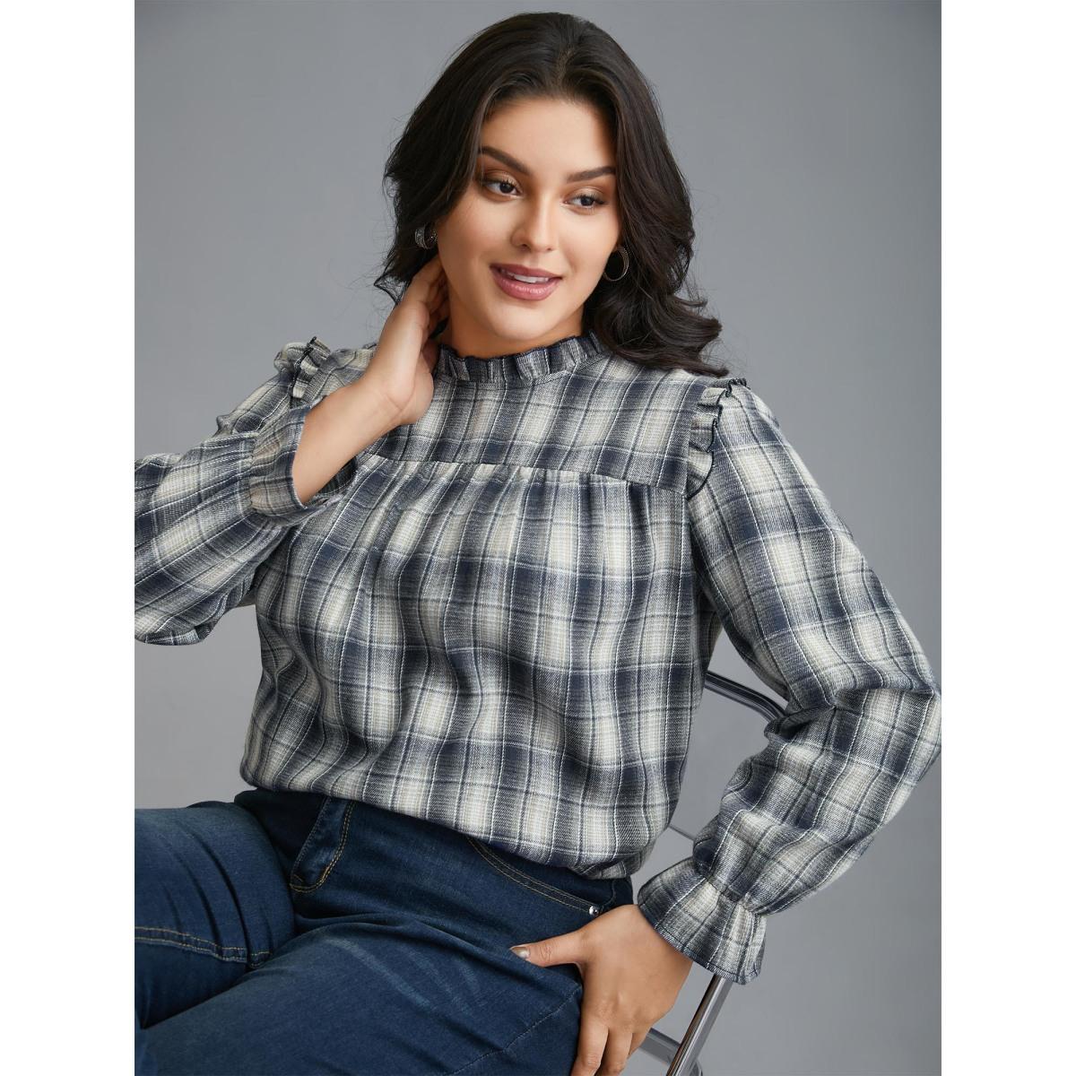 Plus Size Indigo Plaid Ruffle Trim Gathered Blouse Women Elegant Extra Long Sleeve Round Neck Everyday Blouses BloomChic 14-16/1X Product Image