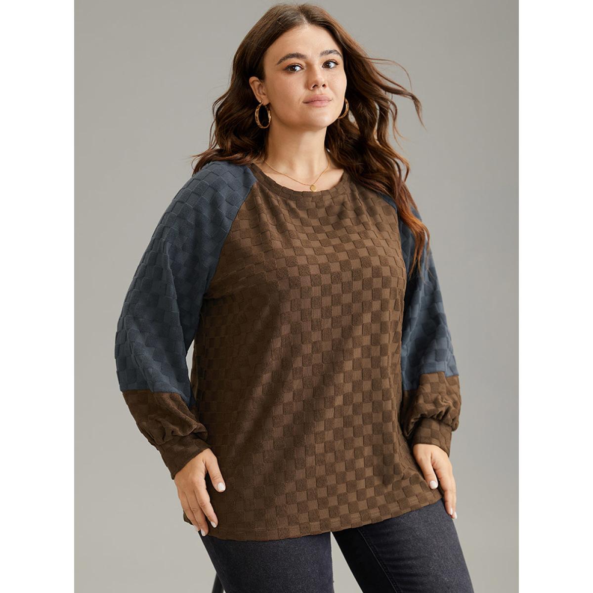 Plus Size Check Two Tone Raglan Sleeve Sweatshirt Women DarkBrown Casual Texture Round Neck Dailywear Sweatshirts BloomChic 22-24/3X Product Image