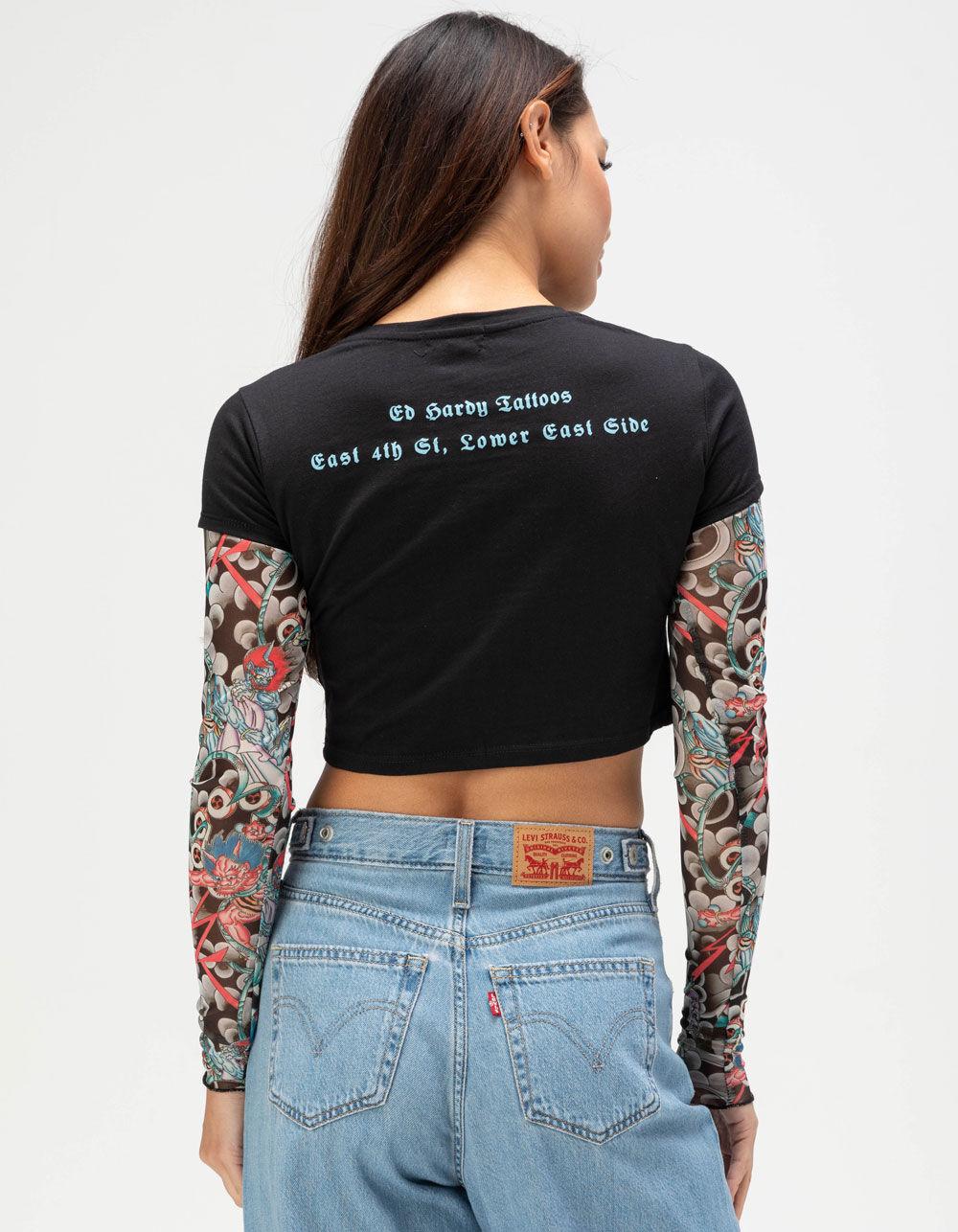 ED HARDY Koi Fish Womens 2fer Long Sleeve Tee - BLACK COMBO Product Image