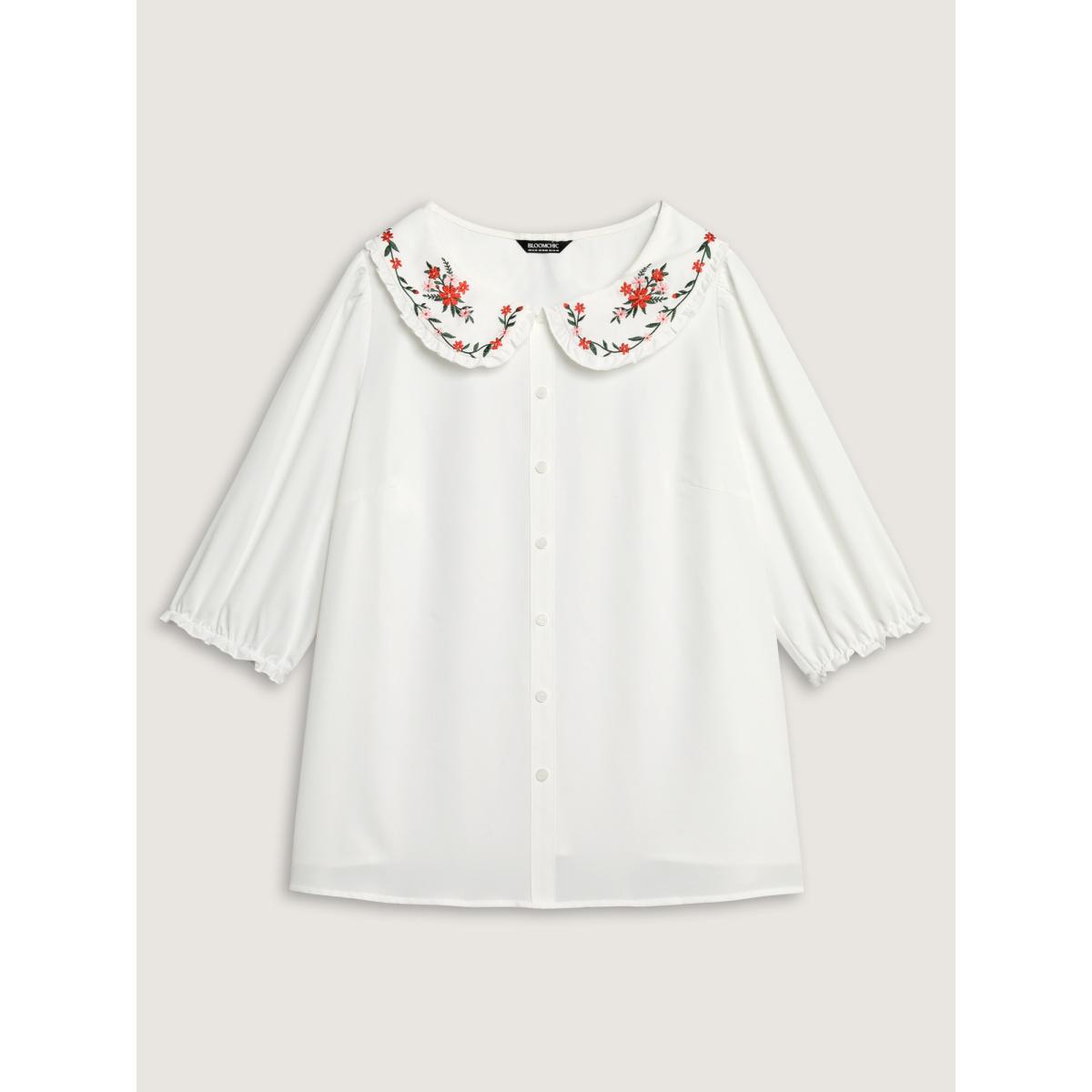 Plus Size Originalwhite Floral Embroidered Doll Collar Blouse Women Elbow-length sleeve Peter Pan collar Everyday-Elegant Blouses BloomChic 12/L Product Image