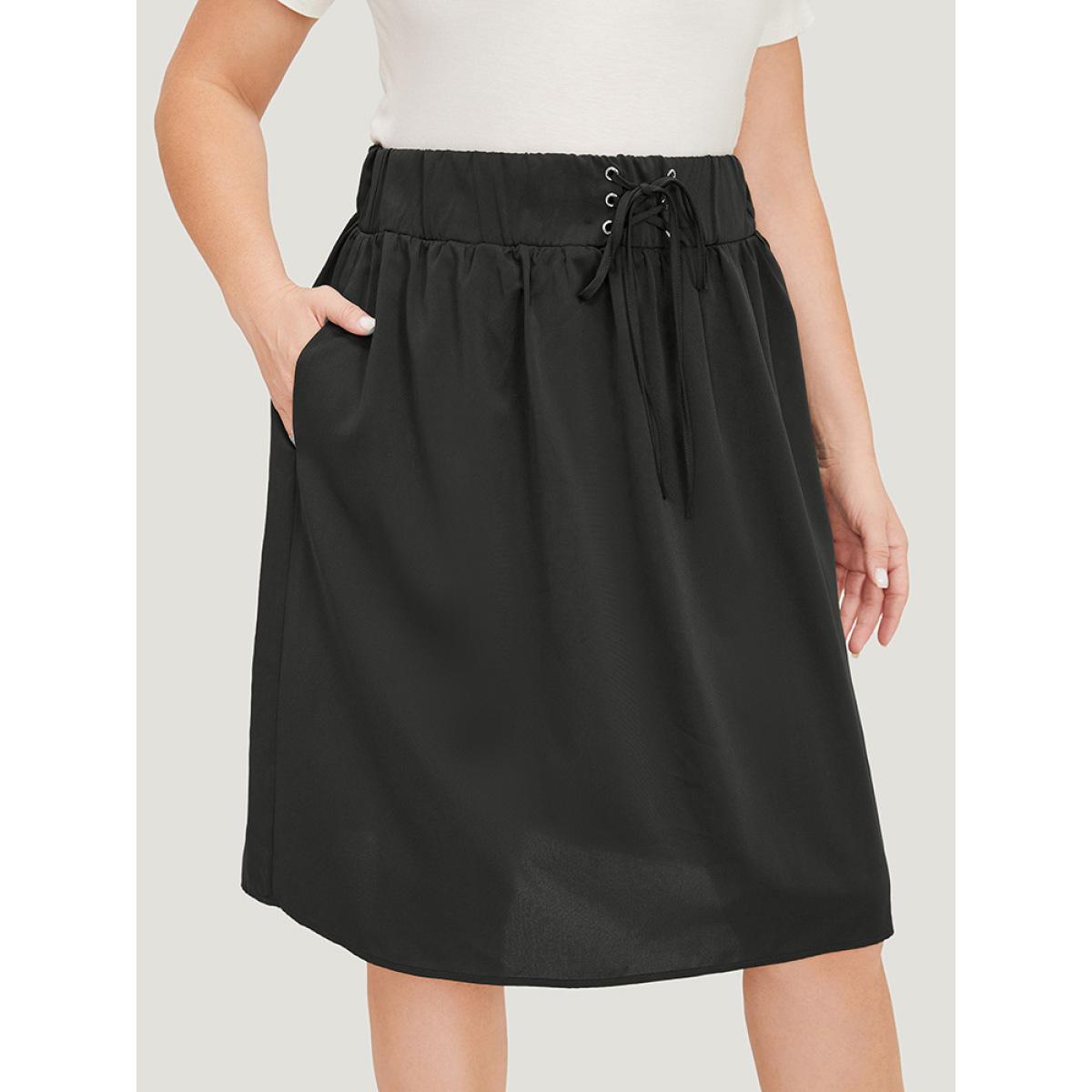 Plus Size Plain Pocket Lace Up Skirt Women Black Casual Plain No stretch Dailywear Skirts BloomChic 22-24/3X Product Image