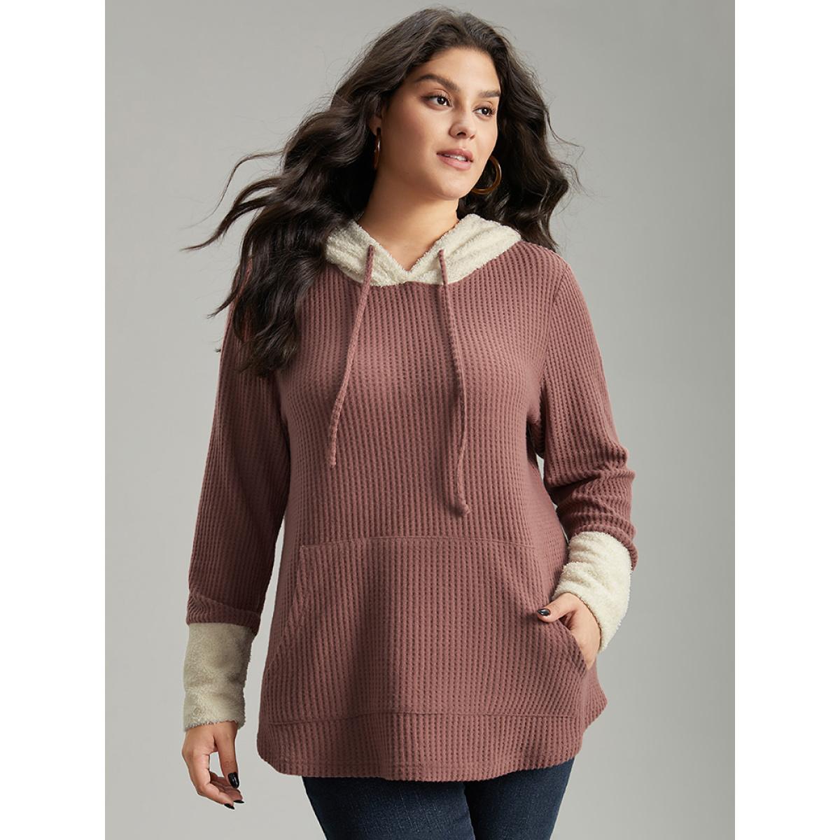 Plus Size Waffle Knit Pocket Hooded Patchwork Sweatshirt Women DustyPink Casual Waffle Knit Hooded Everyday Sweatshirts BloomChic 14-16/1X Product Image