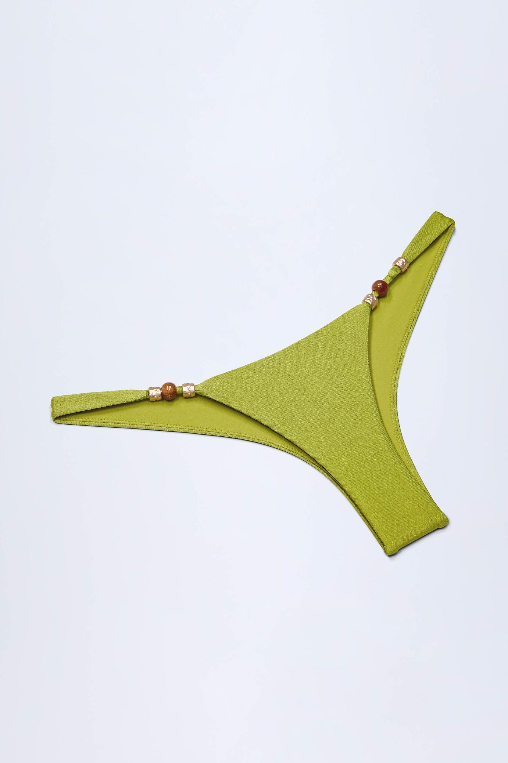 Bead-Embellished Cheeky Bikini Bottoms in Olive Green Product Image