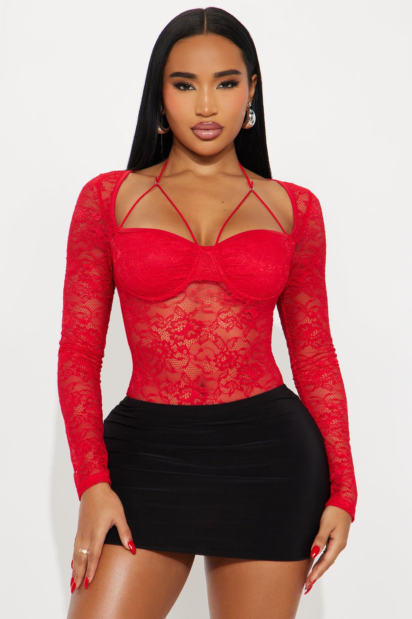 Hannah Sheer Lace Long Sleeve Bodysuit - Red Female Product Image