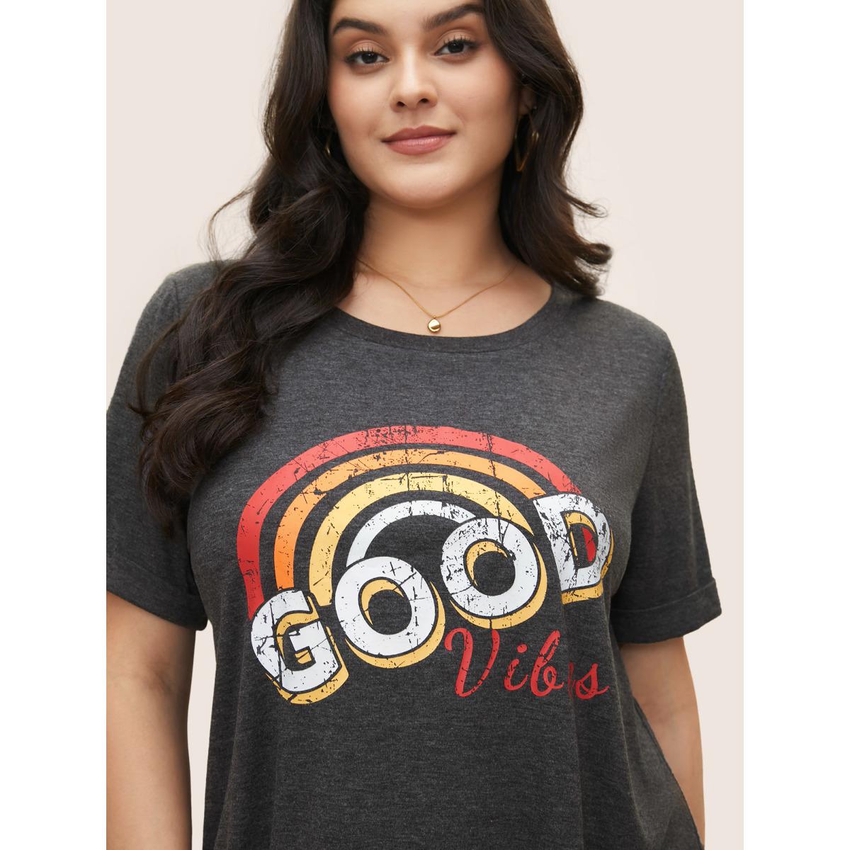 Plus Size Vintage Rainbow Print Crew Neck T-shirt DimGray Women Casual Positive slogan Round Neck Everyday T-shirts BloomChic 26/4X Product Image
