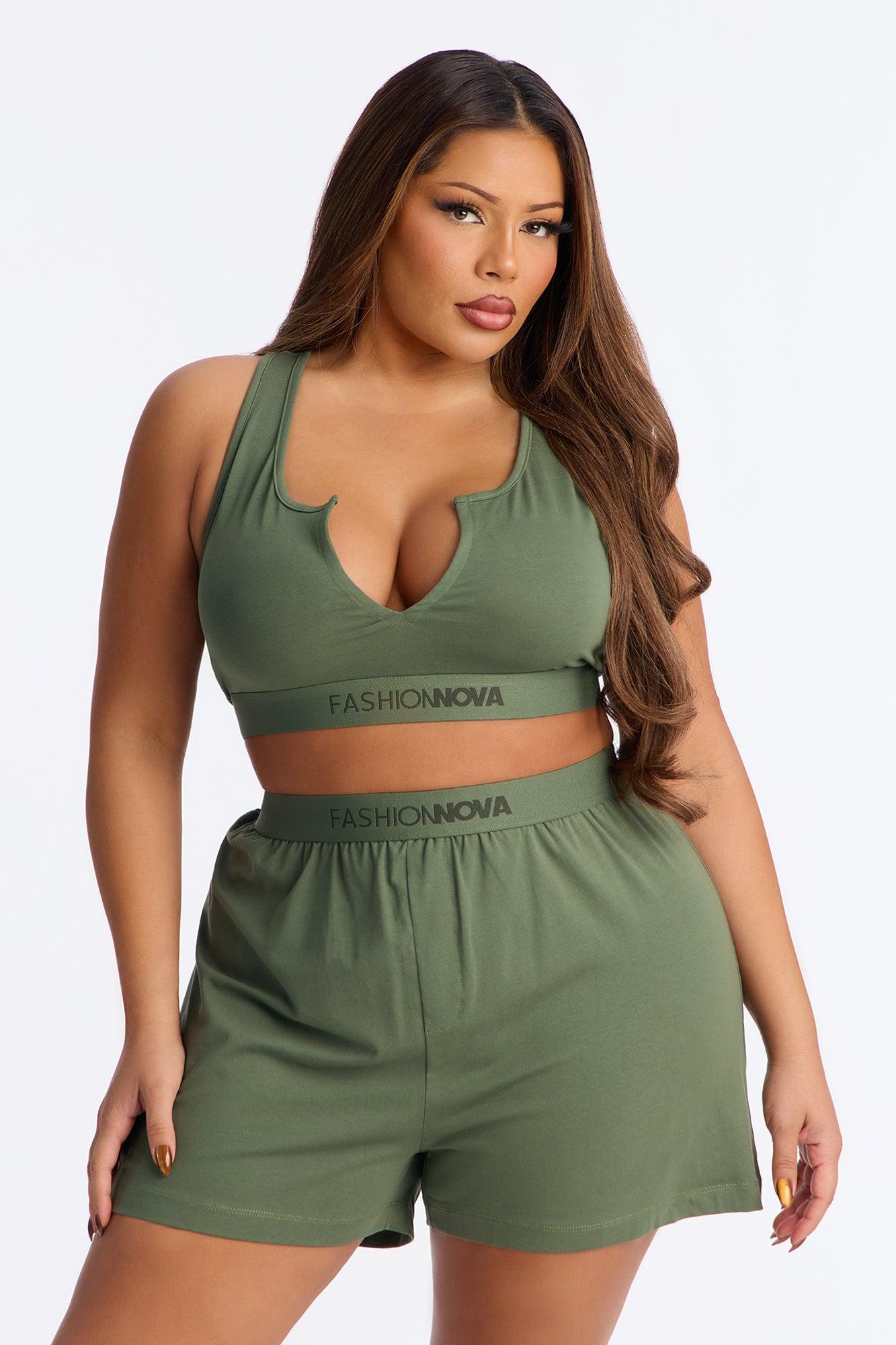 FN Mood Racerback Bralette And Loose Boxer 2 Piece Cotton Set - Olive Female Product Image