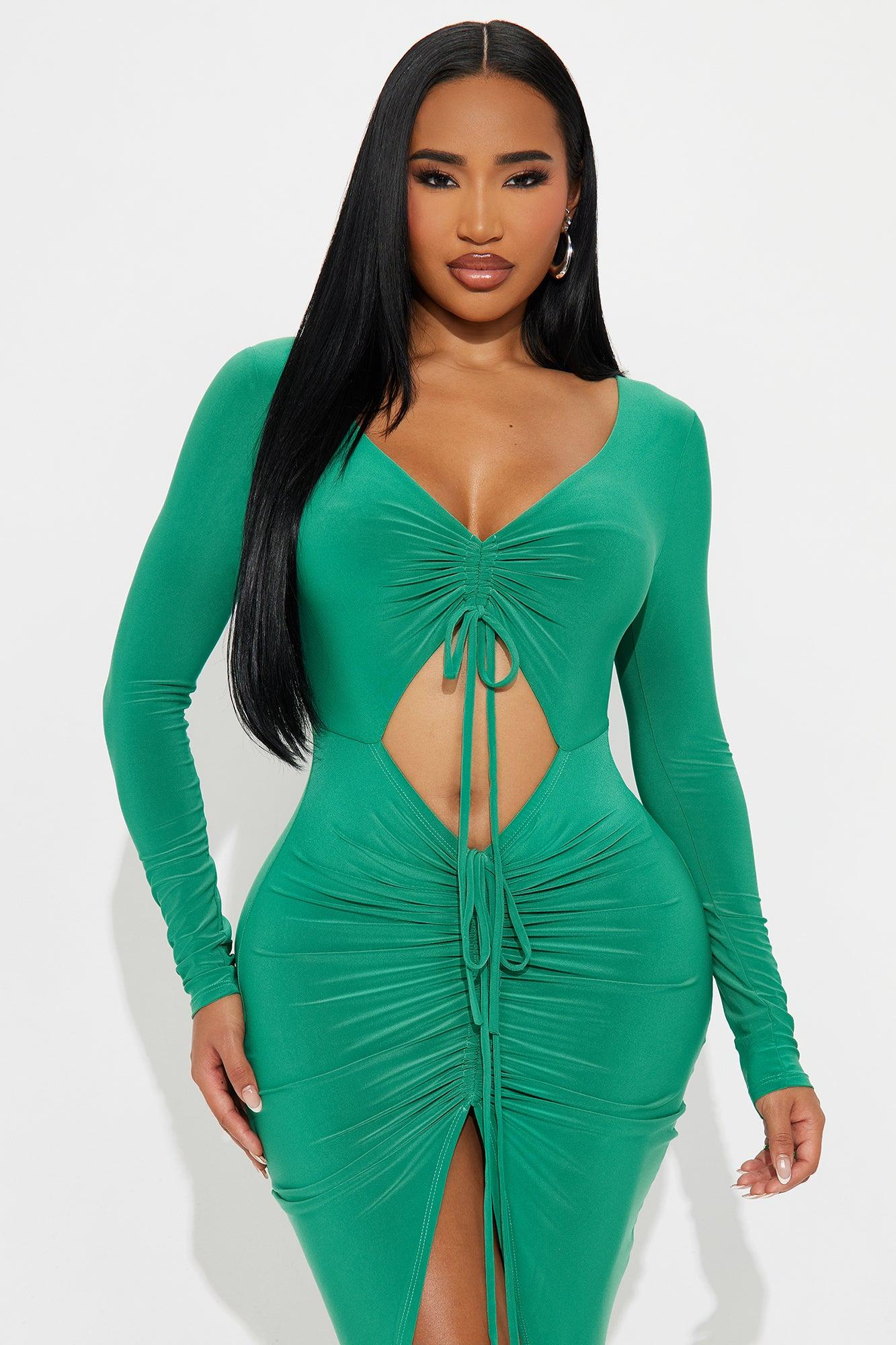 Riley Ruched Long Sleeve Midi Dress - Green Female Product Image