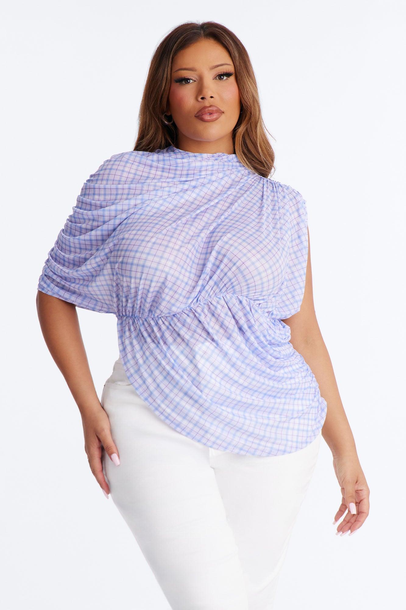 Picnic Date Plaid Mesh Ruched Short Sleeve Top - Lavender/combo Female Product Image