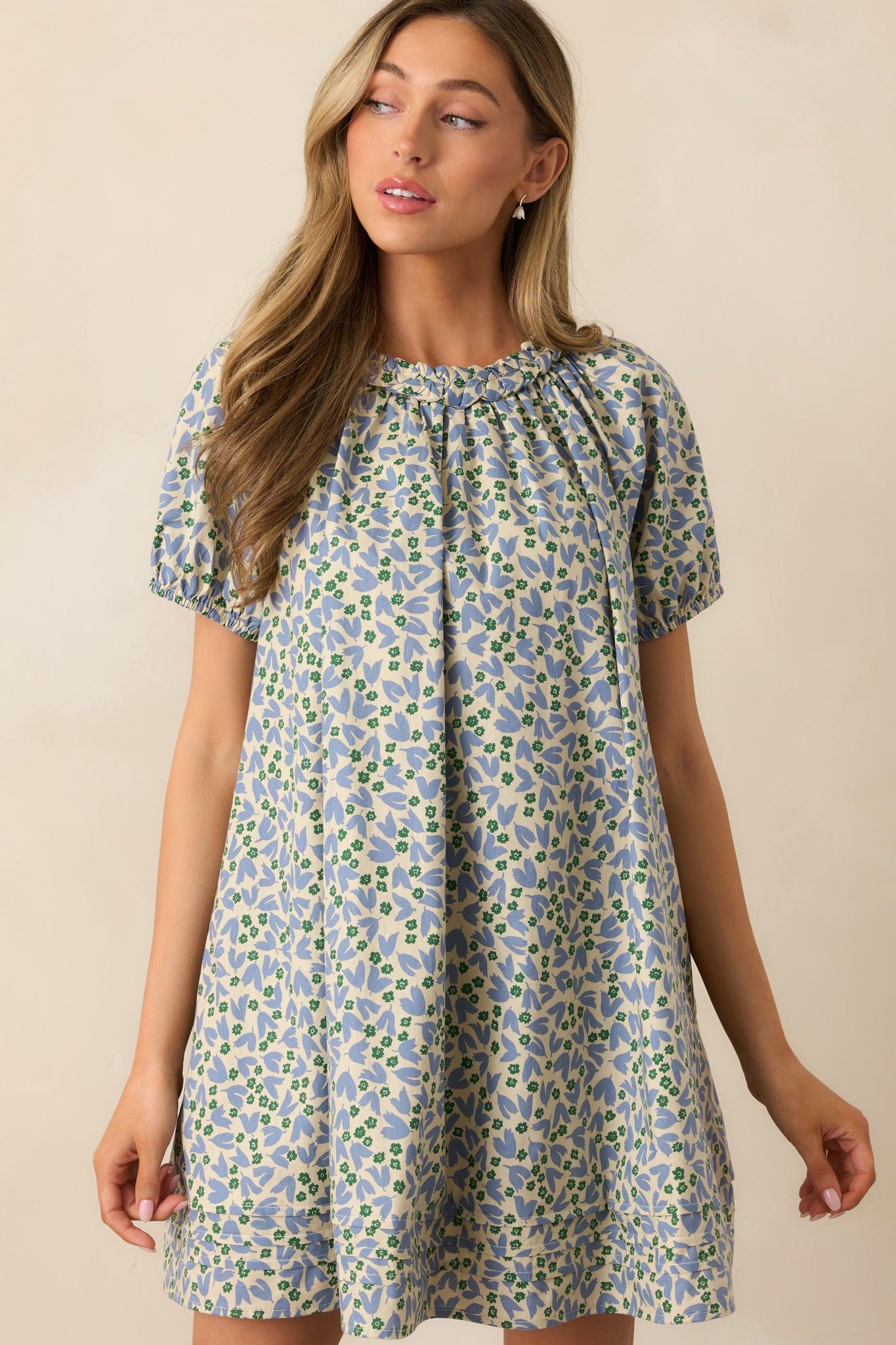 Stories Unfolding Dusty Blue Floral Cotton Mini Dress Product Image