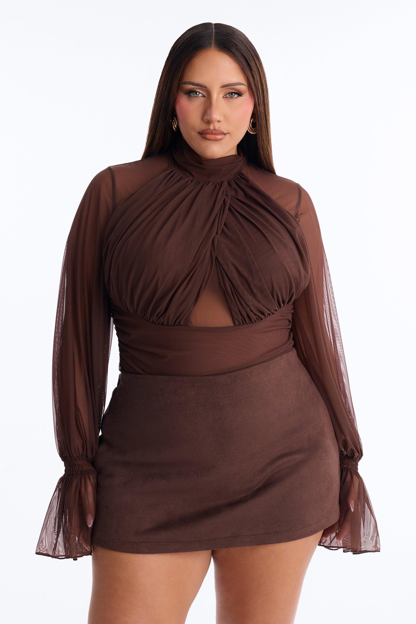 Juliet Ruched Mesh Long Sleeve Bodysuit - Brown Female Product Image