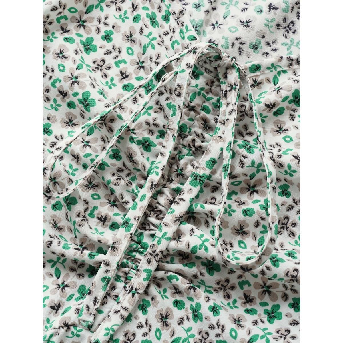 Plus Size Ditsy Floral Drawstring Ruffle Cap Sleeve Dress Green Women Elegant Drawstring Heart neckline Cap Sleeve Curvy BloomChic 10/M Product Image