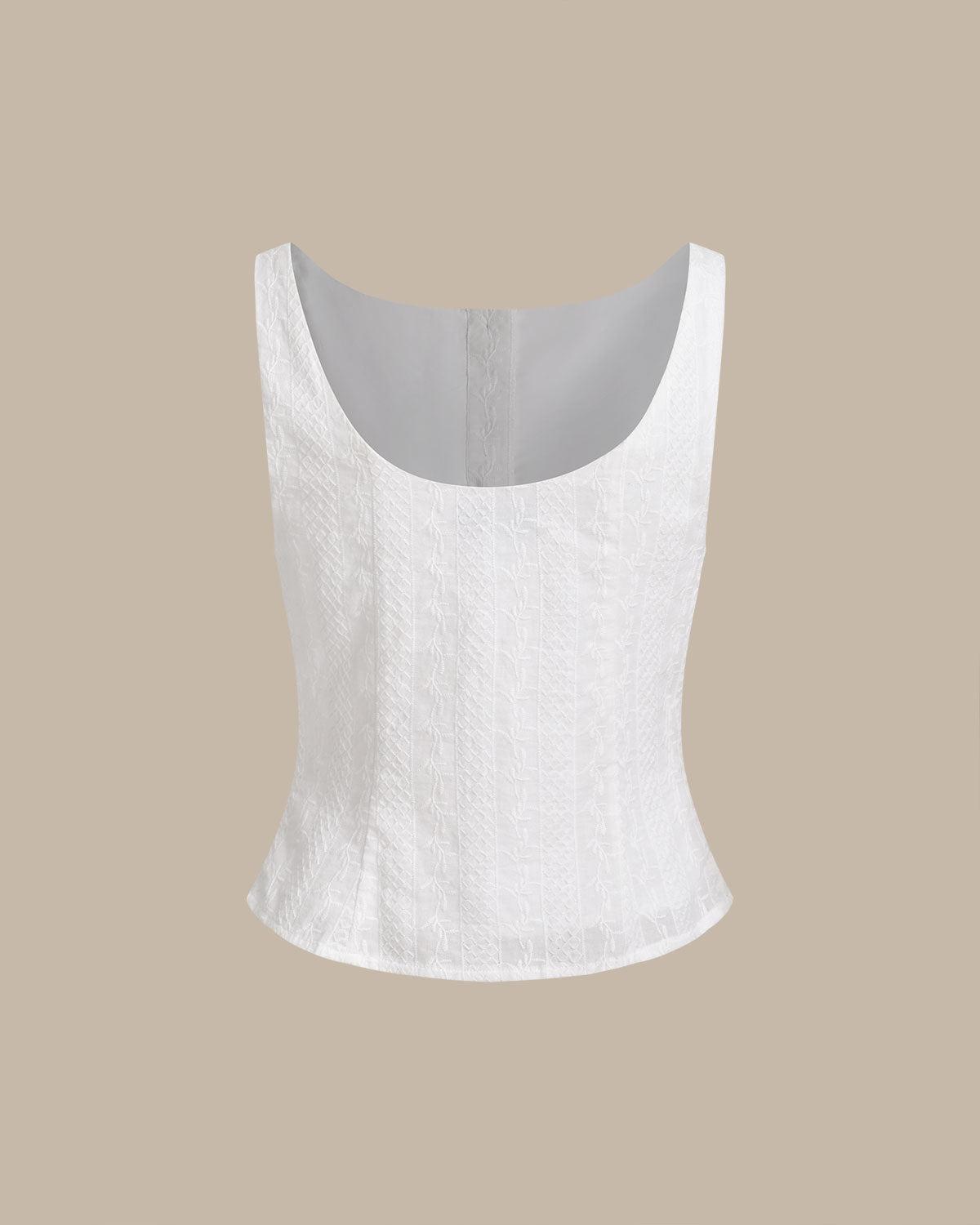 White Textured Boat Neck Button Vest Product Image