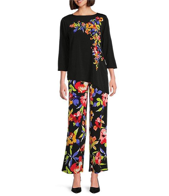 Slim Factor by Investment 3/4 Sleeve Angle Hem Crew Neck Knit Top Product Image