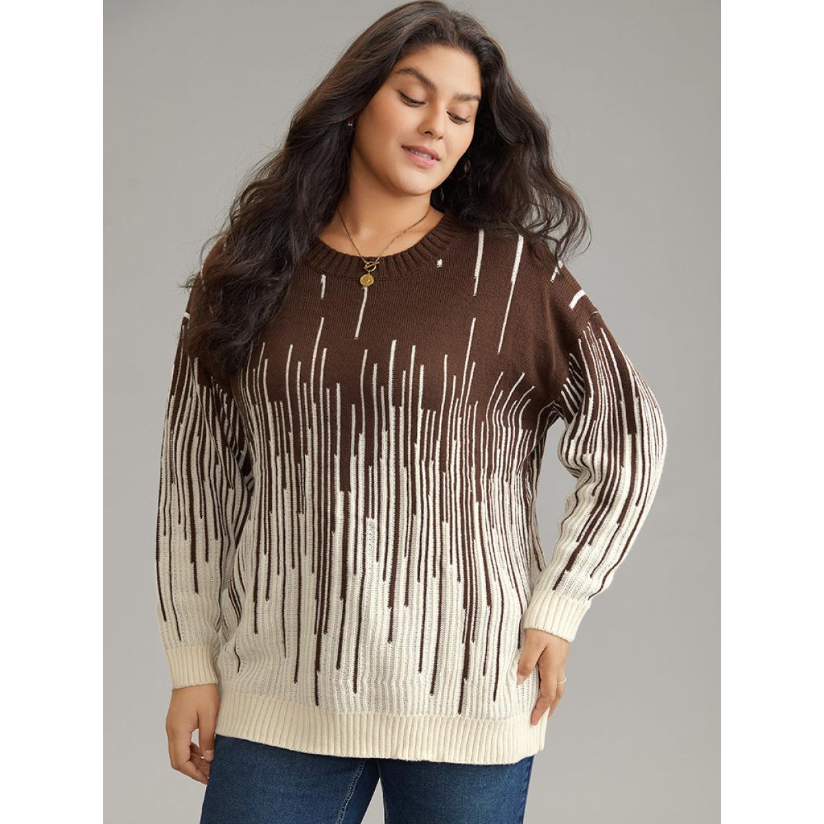 Plus Size Striped Ombre Textured Elastic Cuffs Pullover DarkBrown Women Casual Loose Long Sleeve Round Neck Everyday Pullovers BloomChic 18-20/2X Product Image